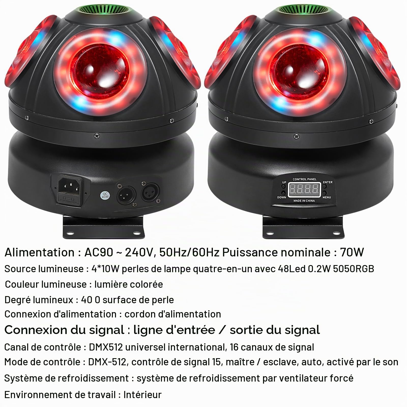 Lumière principale mobile, 70 W RGBW 4 en 1 LED lumières de scène DJ, lumières DJ à rotation infinie avec son activé pour fête DJ de mariage et Live House