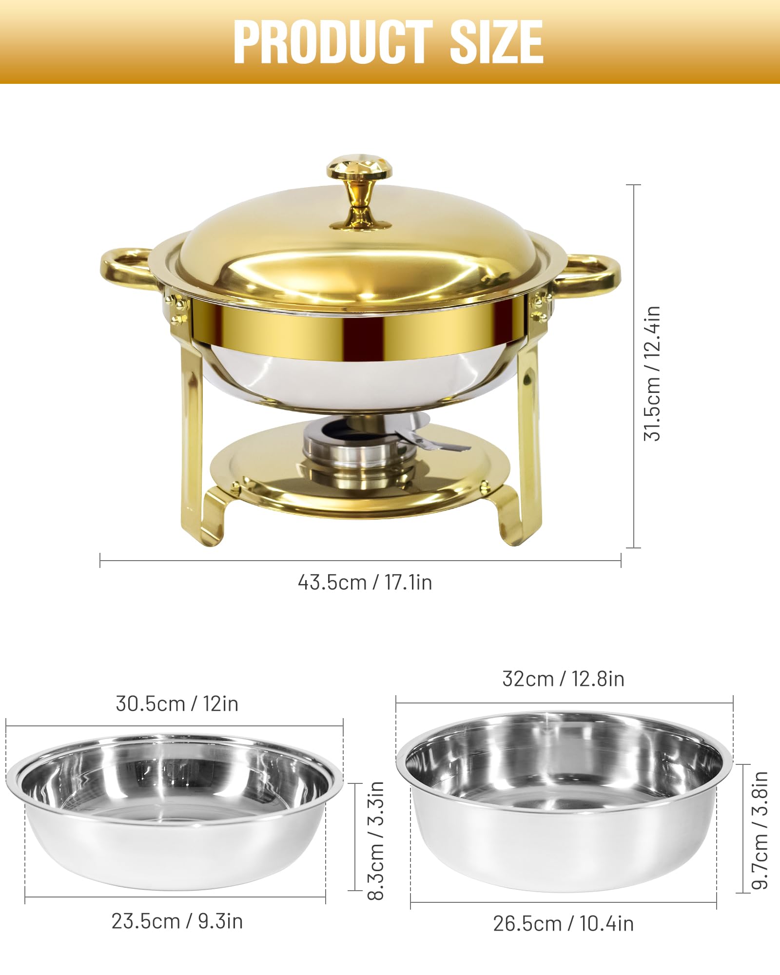 Chauffe Plat Buffet Rond 2PCs 6L, Buffet Chauffant Rond en INOX | Chafing Dish Buffet Professionnel à Bain-marie, Pour Restaurant, Hôtel, Mariage, Party, Doré et Argenté