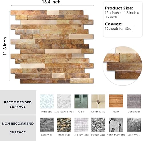 Miniatura 6 de Yipscazo Losetas en muro tipo azulejo, de metal y piedra, autoadhesivas, para cocina, baño, lavandería, cámper, chimenea (12 x 12 pulgadas, 10