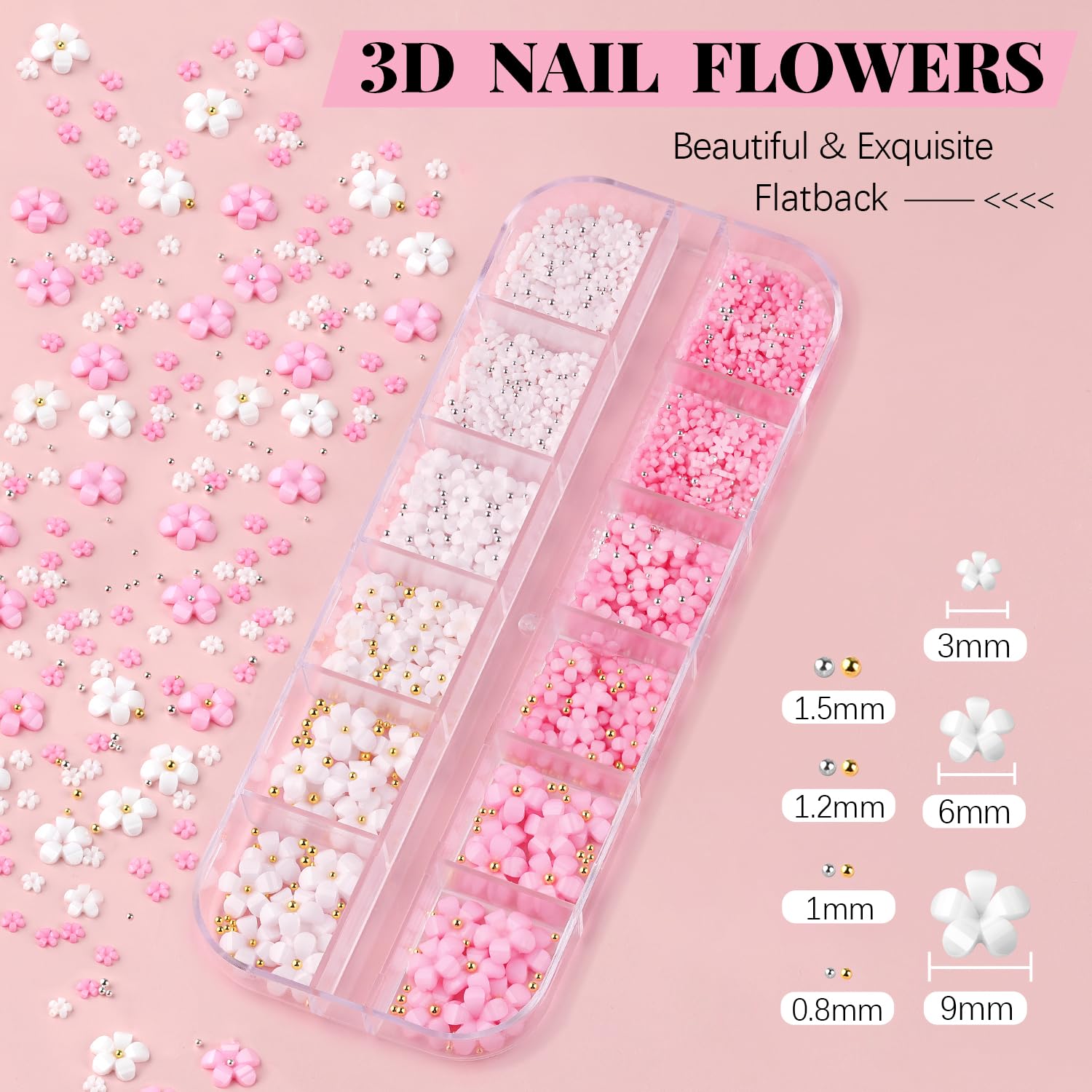 Dijes y gemas de flores 3D, bonito kit de manicura con dijes florales coloridos con pegamento de diamantes de imitación para uñas (curado UV), cuentas de caviar de mariposa, perla semicircular y parte 2