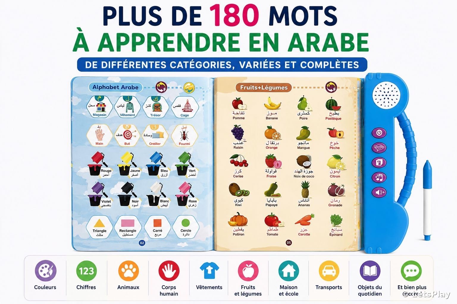 LetsPlay Livre Sonore Arabe Français Alphabet 180+ Mots Jouet Éducatif Enfant 3-8 Ans