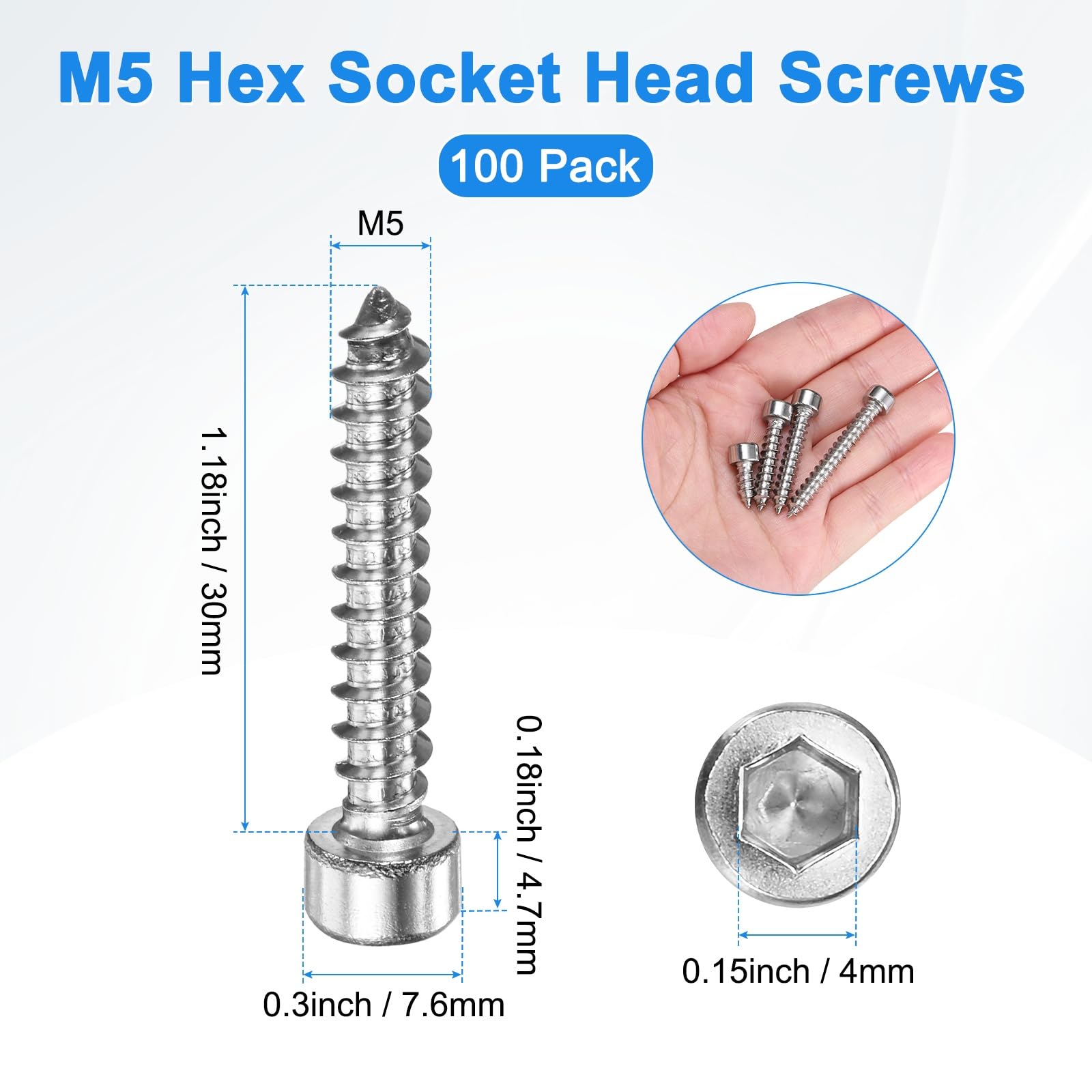 M METERXITY Paquete de 100 tornillos de cabeza hueca hexagonal, pernos de acero inoxidable M5 x 30 mm, tornillos autorroscantes de rosca completa para muebles, maquinaria, aparatos eléctricos