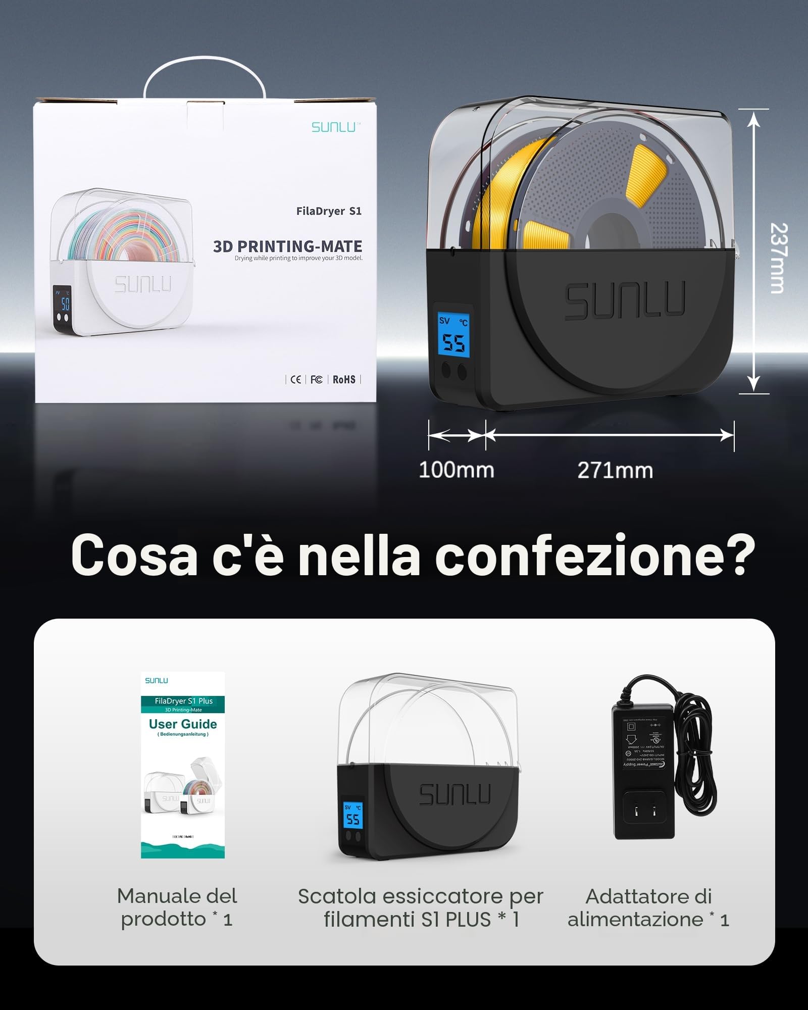 SUNLU Official Filament Dryer S1 PLUS con Ventola, Senza Umidità Essiccatore Filamento 3D, FilaDryer Facile da Usare e Portatile, PLA PETG ABS Nylon TPU Essiccatore Filamento 3D SUNLU S1+, (Nero)