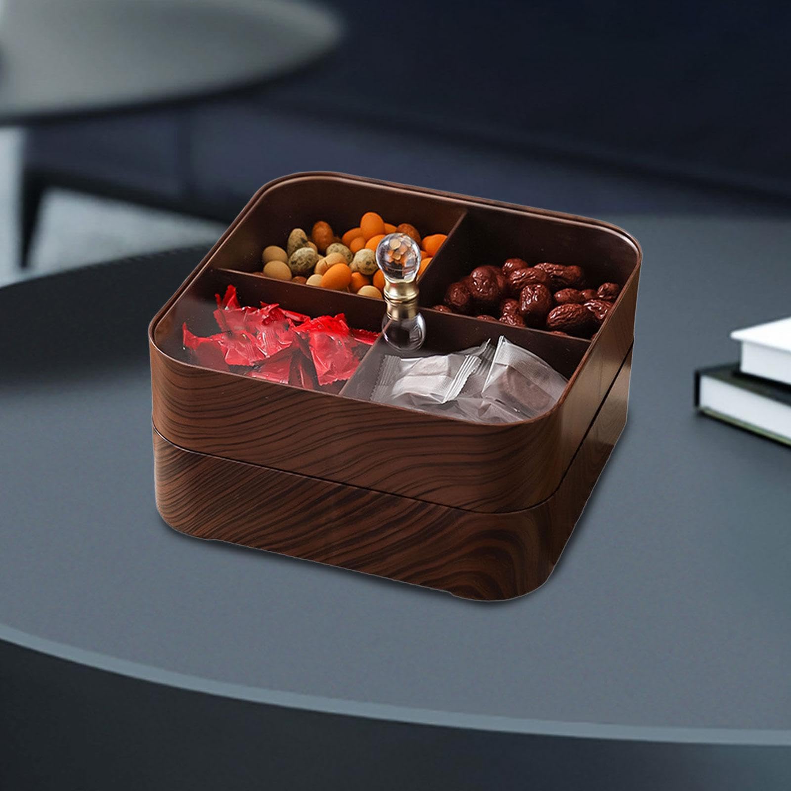 Snack Organizer Elegante Bandeja Organizadora con Tapa Plato Dividido para Frutas Secas Caja Decorativa Imitación Madera Adecuado para, Sin tazones, Individual