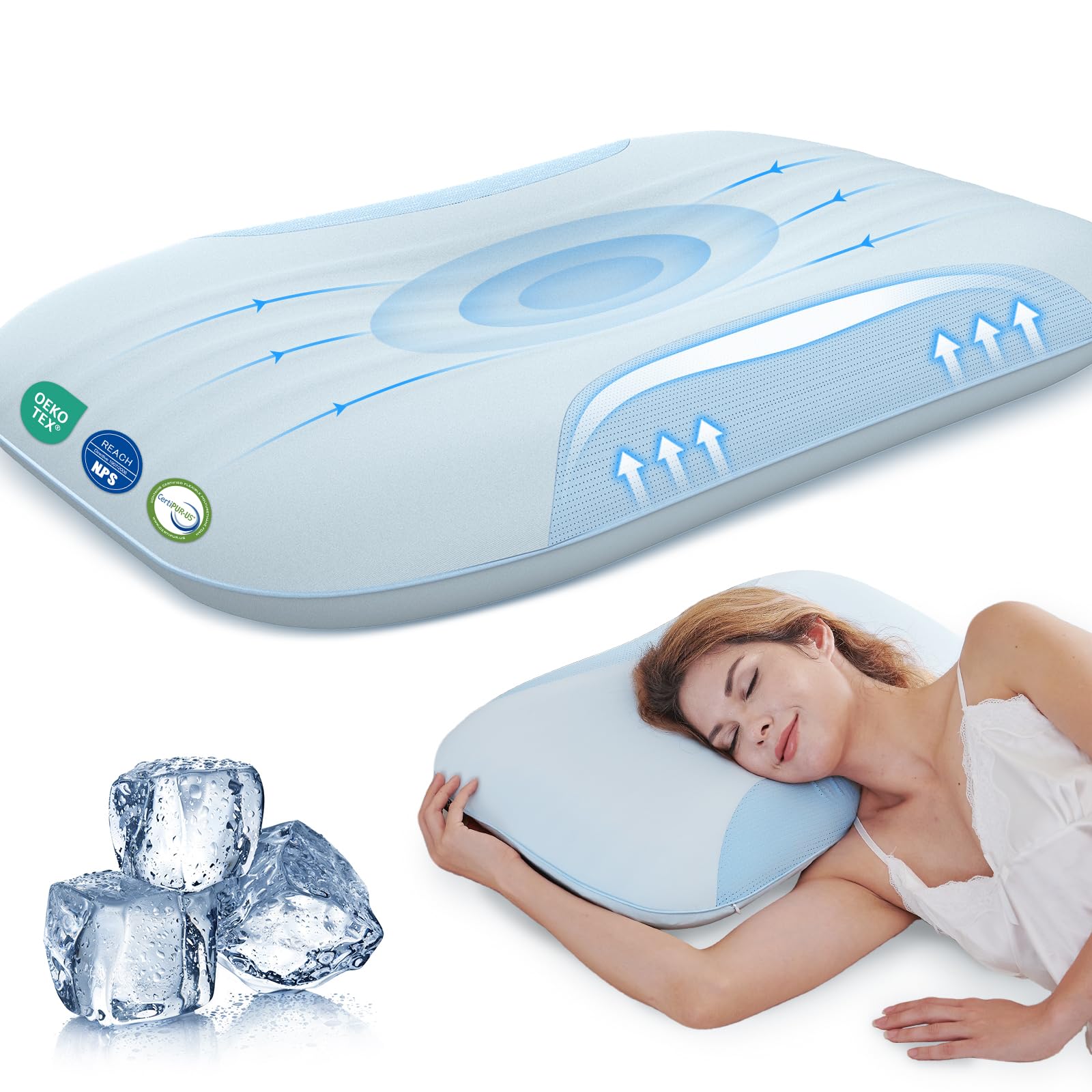 Memory Foam Kühlendes Kopfkissen 40x60 Öko-Tex Nackenkissen | Ergonomisches Memory Foam Kissen für Bauch- und Rückenschläfer, Atmungsaktiv Belüftungskanälen, Abnehmbarer Waschbarer Bezug