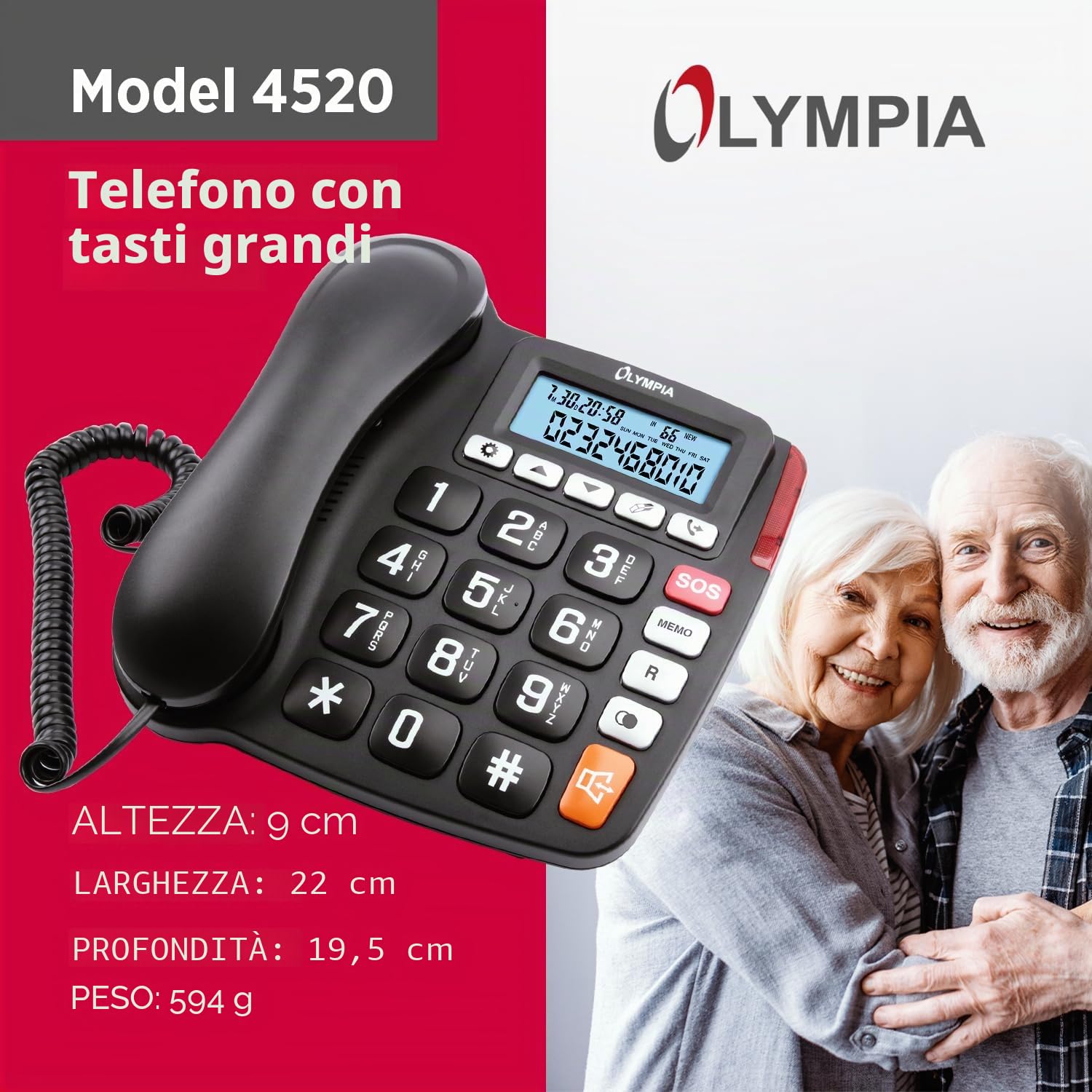 OLYMPIA 4520 Telefono fisso a filo per anziani, con tasti grandi, tasti SOS e vivavoce, Nero