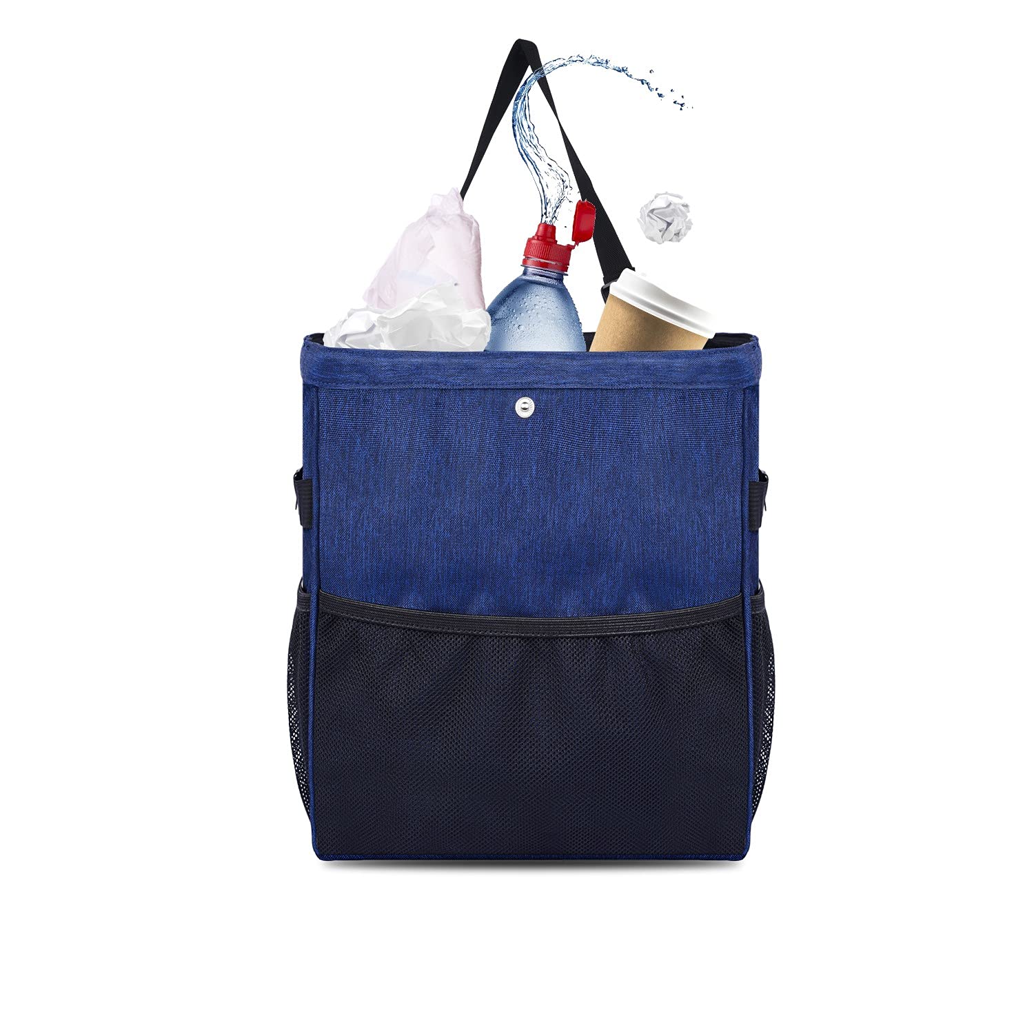 Otomitake 4.5 Gallon Car Trash Can Waterproof Extra Large Vehicle Garbage Holder Auto Trash Bag Multipurpose Trash Bin Cute with Storage Pockets Hanging for Headrest (Blue)