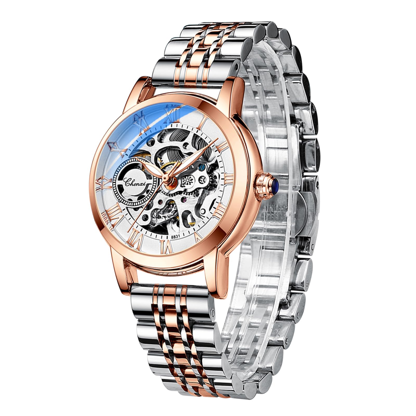 FORSINING Automatische mechanische Damenuhr, rotgoldenes Edelstahlband, luxuriöses Skelett-Zifferblatt, elegante Damen-Armbanduhr