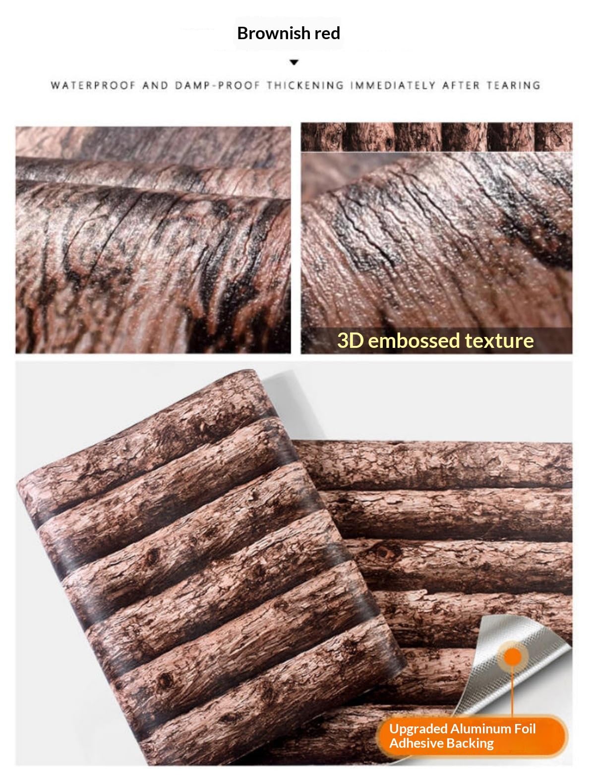 Carta da Parati Adesiva Muro Effetto tronco 3D per baita marrone 53*950cm