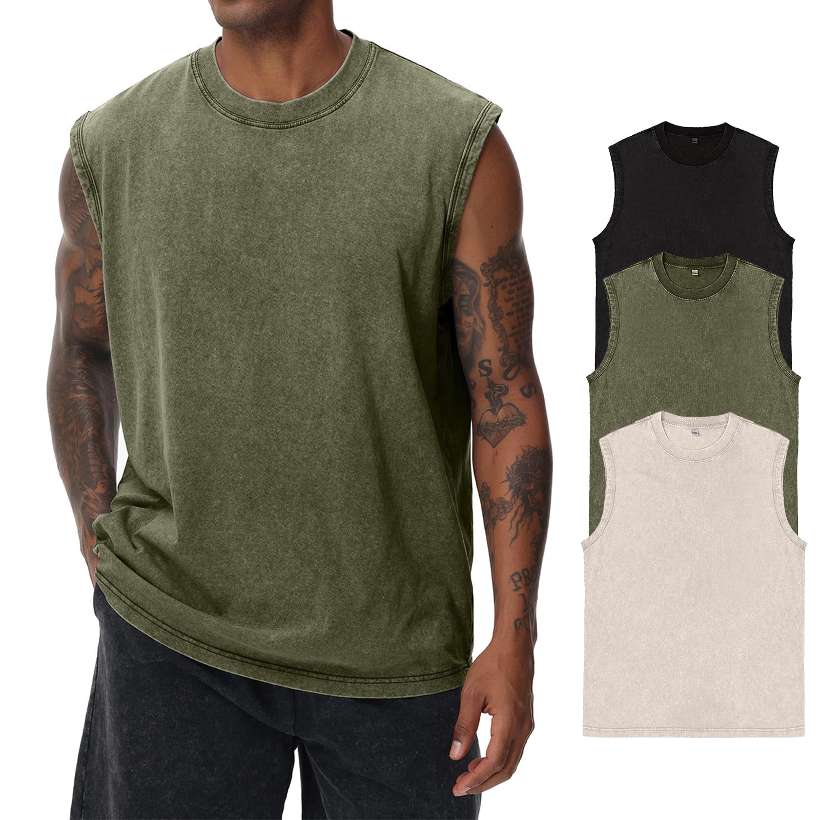 Herren Kurzarm Sommer Ärmelloses Shirt, Männer Fitness ärmellos Weste, Washed Sleeveless t-Shirt, Workout, Fitnessstudio, Baumwolle