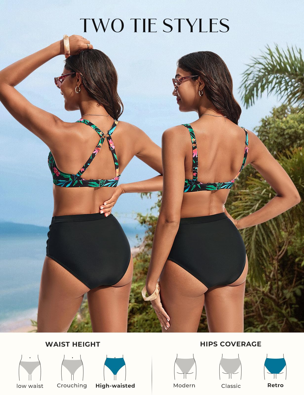 Ensemble bikini pour femme, taille haute, effet gainant, maillot de bain deux pièces, bikini sexy à découpe au niveau de la poitrine, maillot de bain élégant plissé, maillot de bain avec bretelles