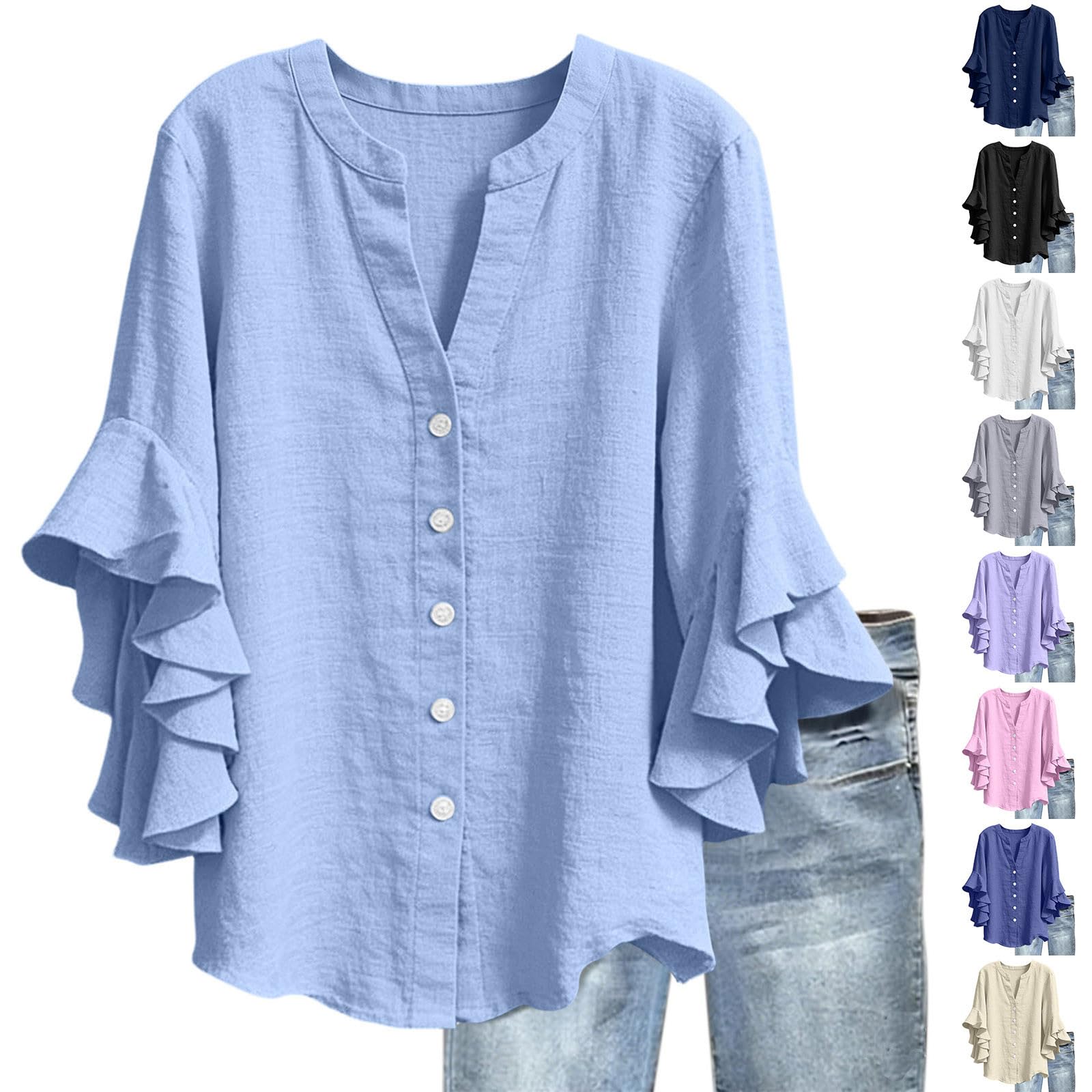3/4 Ruffle Sleeve Cotton Linen Shirts for Women Dressy V Neck Beach Tunic Tops Elegant Summer Casual Work Blouses