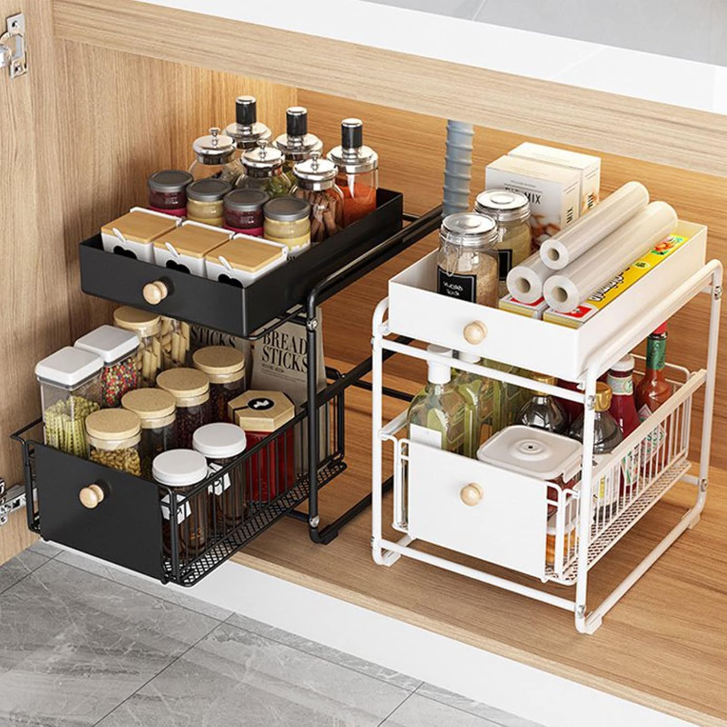 Organizzatore sotto lavello a 2 ripiani con cassetto scorrevole, cestino portaoggetti in acciaio al carbonio per cucina, bagno, dispensa, ufficio