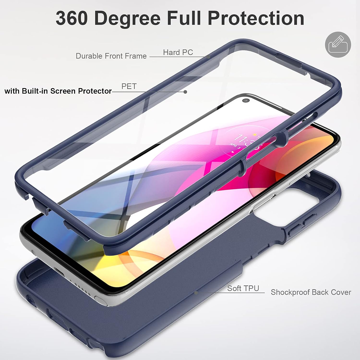 for Moto G Stylus 2021 Case with Built-in Screen Protector, Full Body Protection Shockproof Cover Case, [Rugged PC Front Bumper + Soft TPU Back Cover] Armor Protective Phone (Navy Blue), GTPY-MGSTY-B