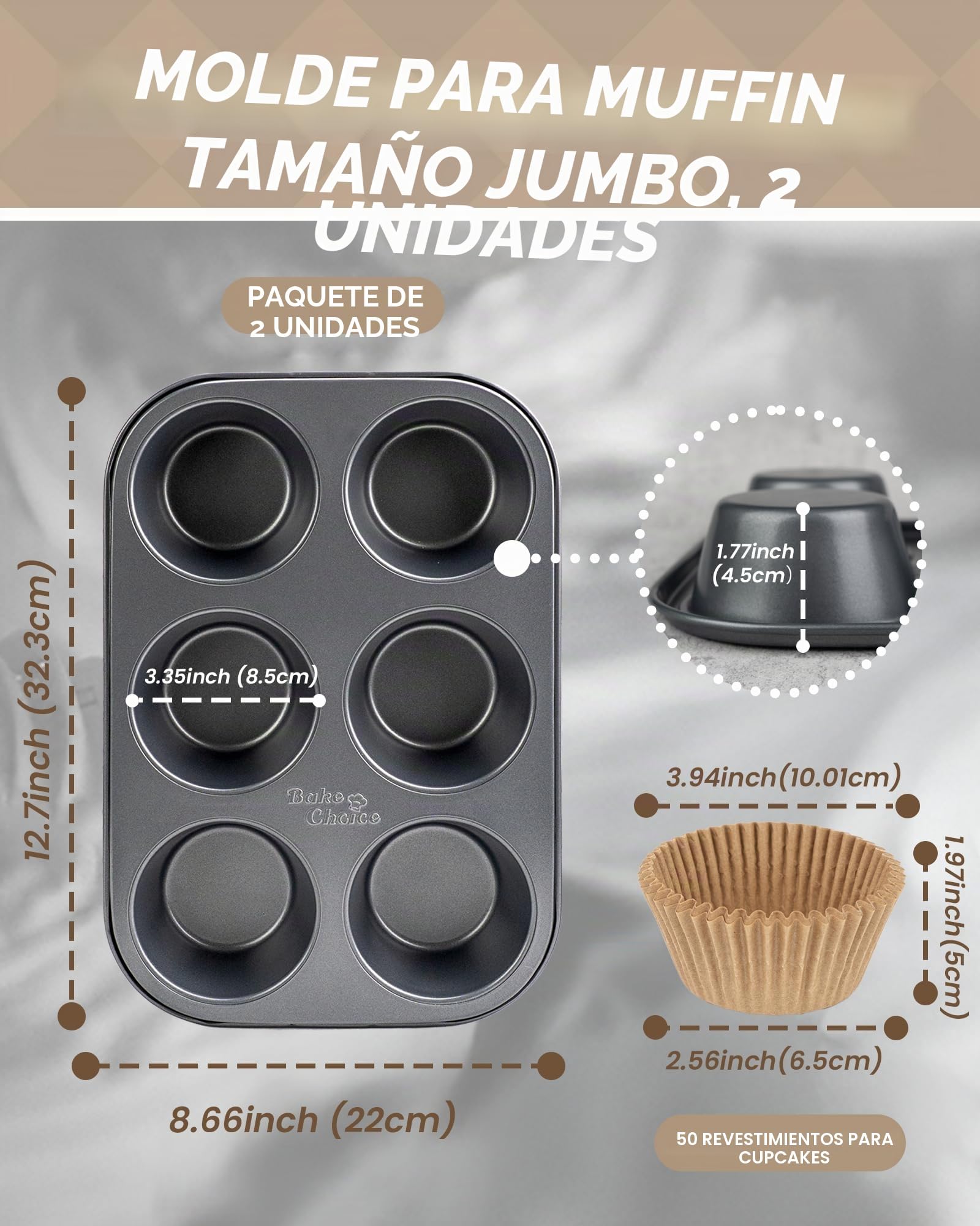 Bake Choice 2 Piezas Jumbo Molde para Magdalenas 6 Tazas,Incluye 50 Piezas Jumbo Moldes Magdalenas Papel,acero al Carbono Antiadherente,para Fiestas & Hogar & Hornear