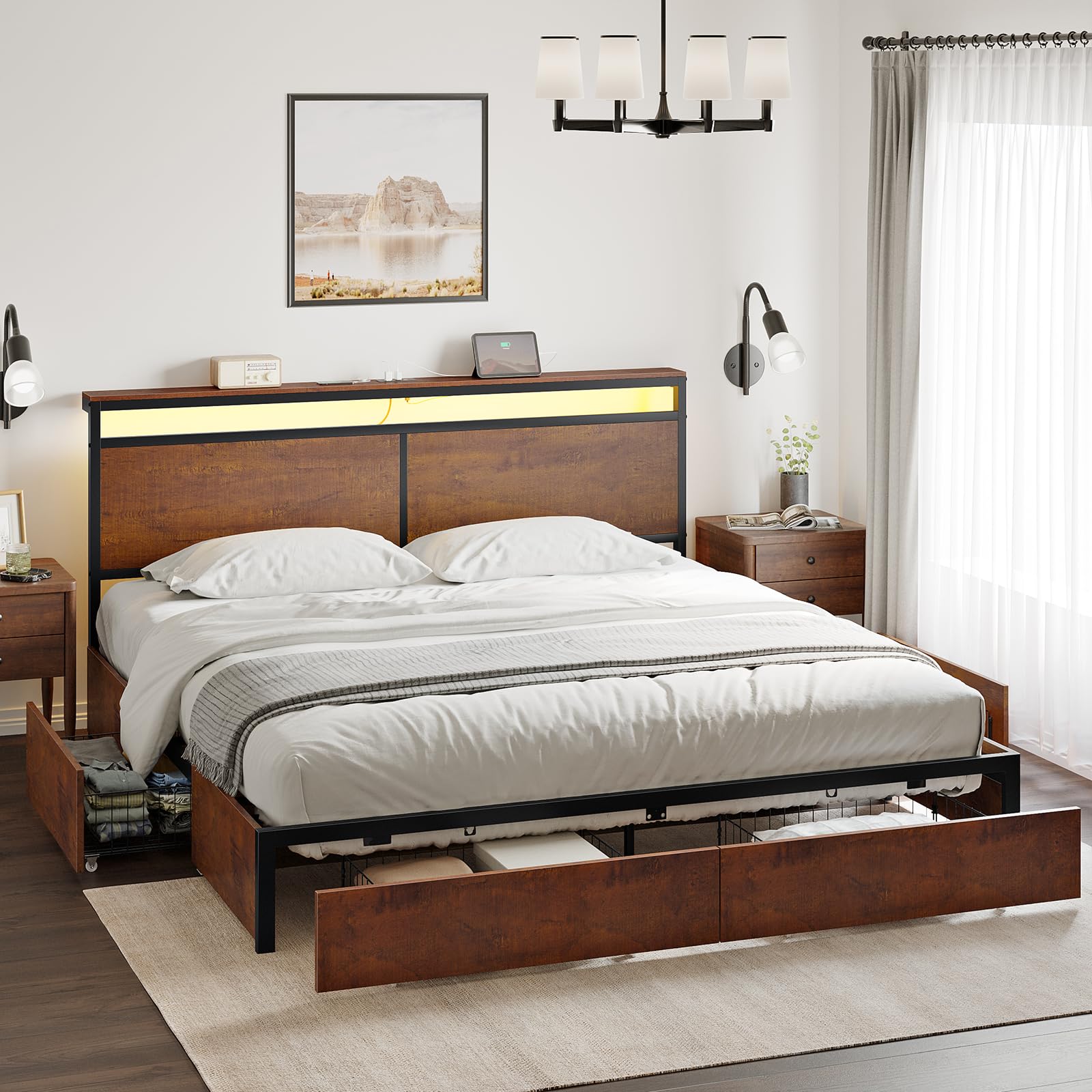 HAUSOURCE King Bed Frame with Storage Headboard and 4 Drawers LED Lights Metal Platform Non-Slip Without Noise Mattress Foundation Strong Metal Slats Support No Box Spring Needed