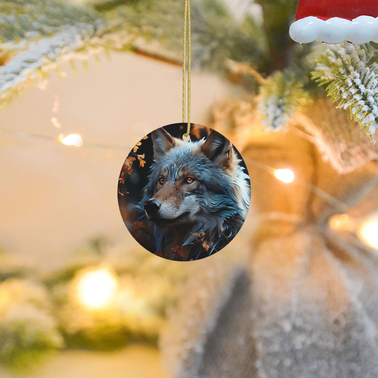 Christmas Tree Ornaments Ceramics Christmas Round Decorations Autumn Leaves and a Wolf Ceramics Ornaments Circle Pentagram Xmas Tree Hanging Pendant for Christmas Tree Party Holiday Home Decor