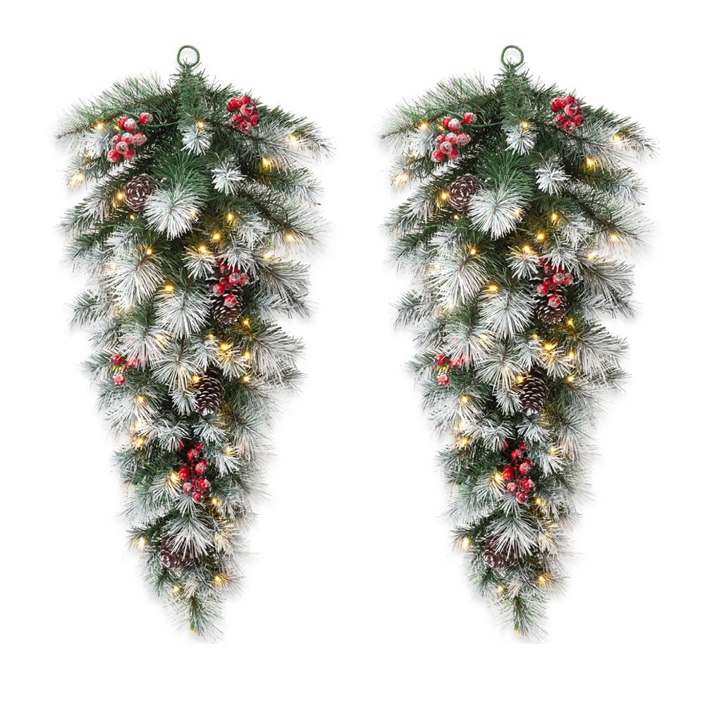 glitzhome 2Pcs Pre-Lit Pinecones and Red Berries Christmas Teardrop Swag with 50 Warm White Lights, Battery Operated with Timers, 36