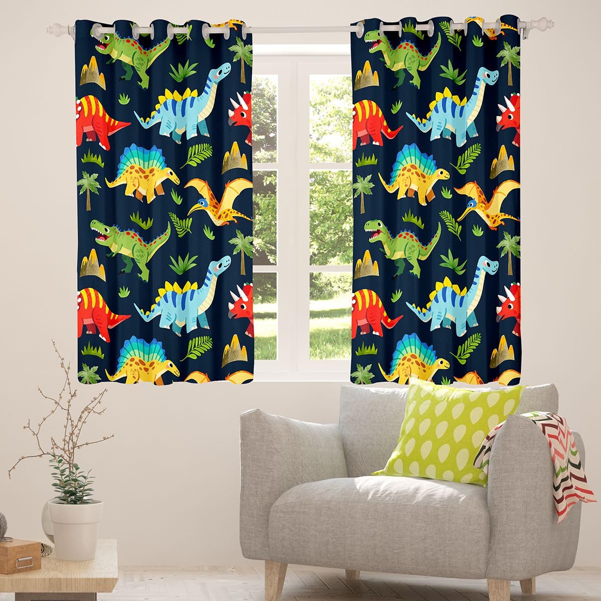 Homewish Rideau Occultant 117x183 cm Enfants Dino,Rideau Garçons Filles Dinosaures,Rideaux Voilage Enfants Adolescents Palmier de La Jungle,Voilage Fenetre Anciens Animaux Sauvages pour Chambre Salon