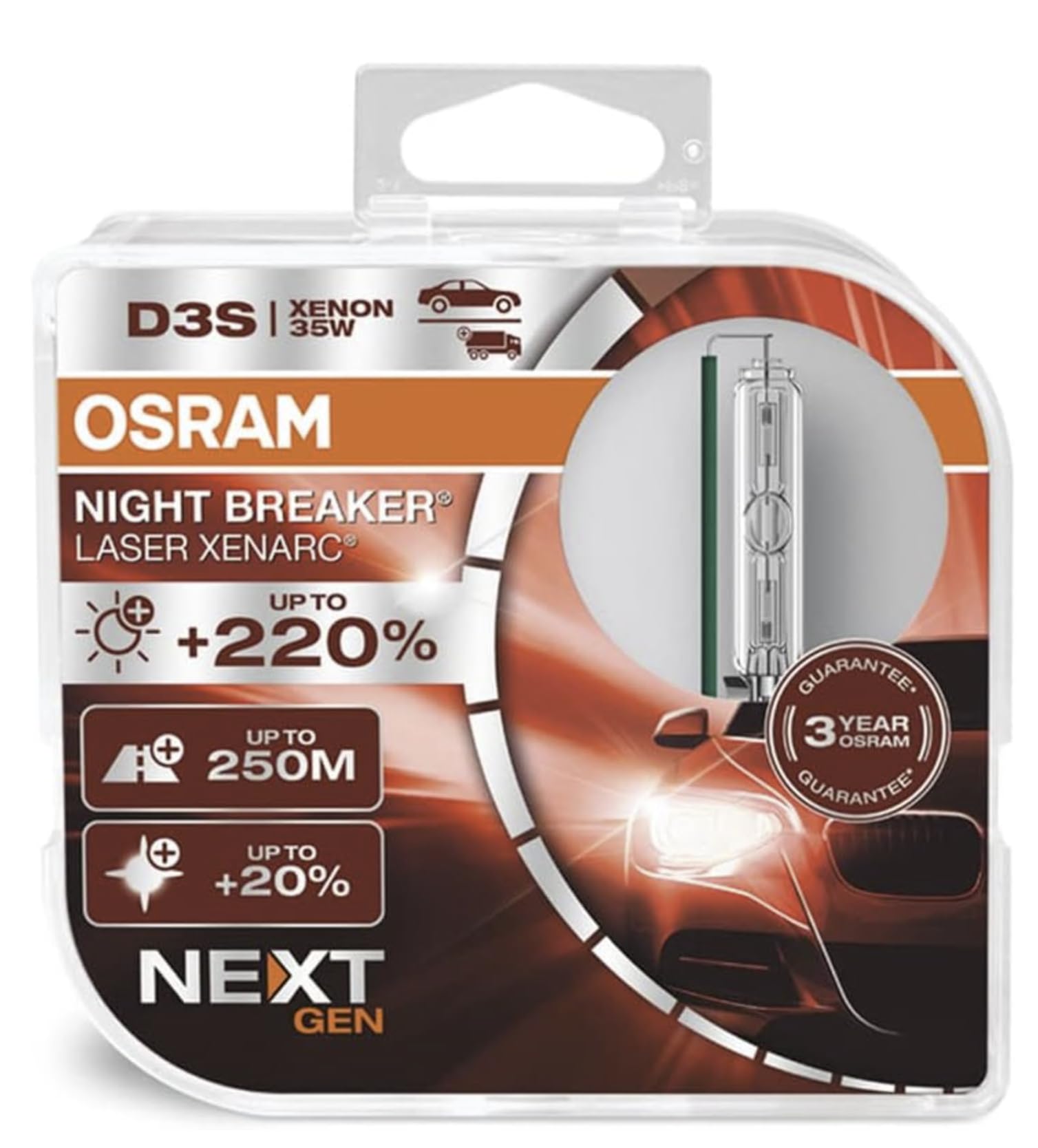 OSRAM XENARC NIGHT BREAKER LASER D3S, Next Generation, 220% more brightness, HID xenon bulb, 66340XNN-HCB, Duo Box (2 lamps), white