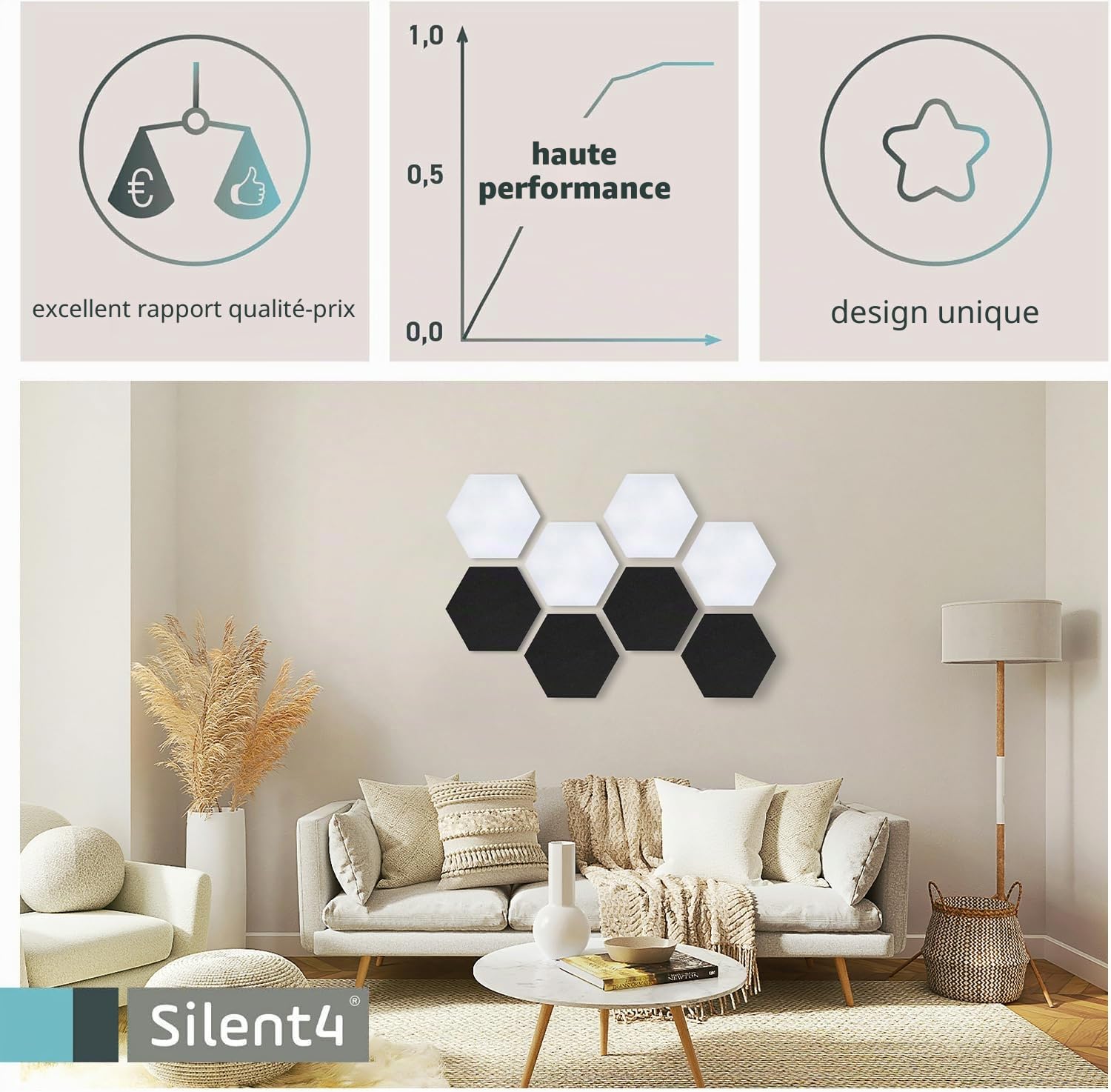 SILENT4® Hexagon Lot de 8 absorbeurs acoustiques muraux en non-tissé - Montage adhésif - Image acoustique blanche et noire - Meilleur son grâce aux panneaux acoustiques