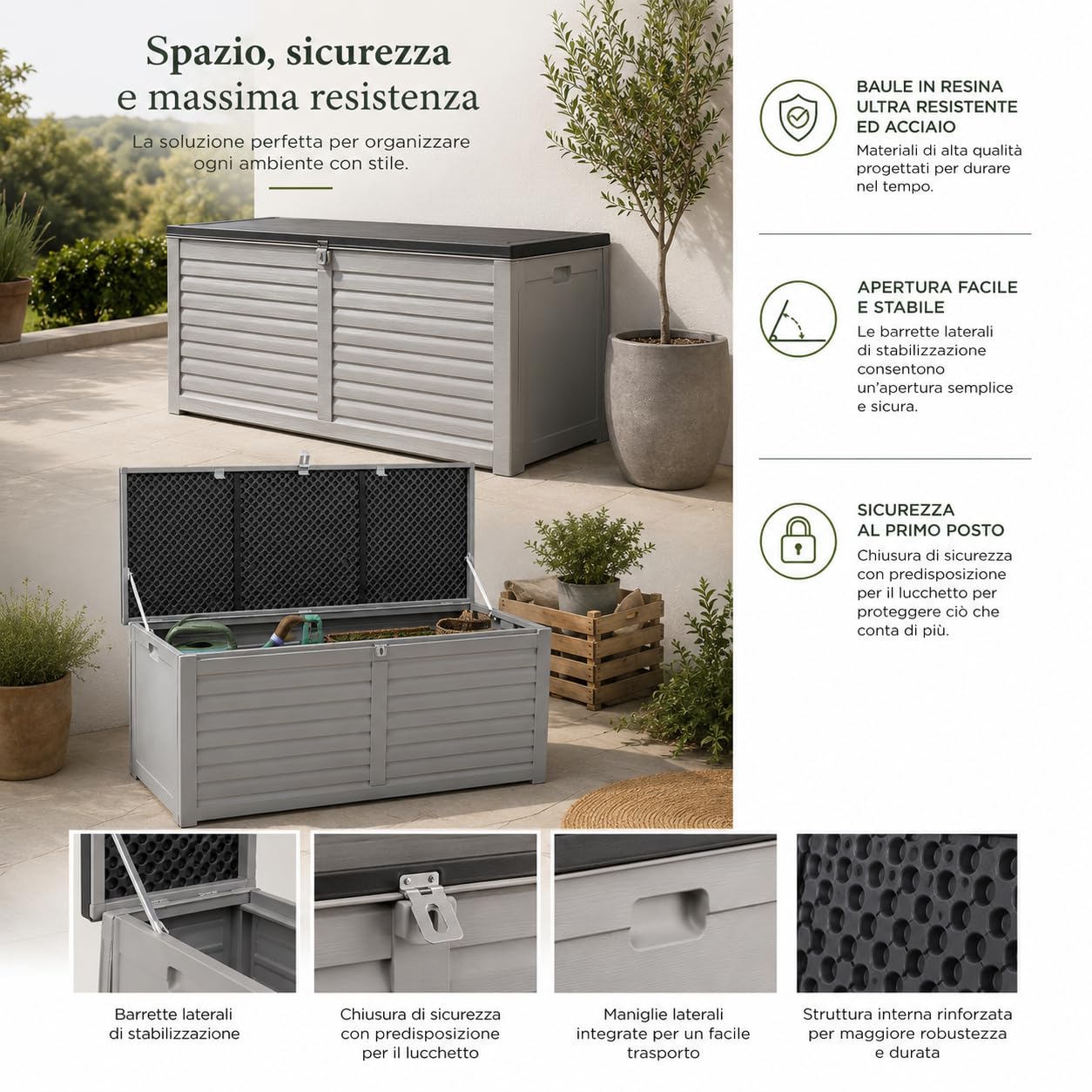 Baule Contenitore da Esterno In Resina 390 L | chiusura predisposta per lucchetto e apertura assistita, dimensioni 143.5x53.4x56.8 cm