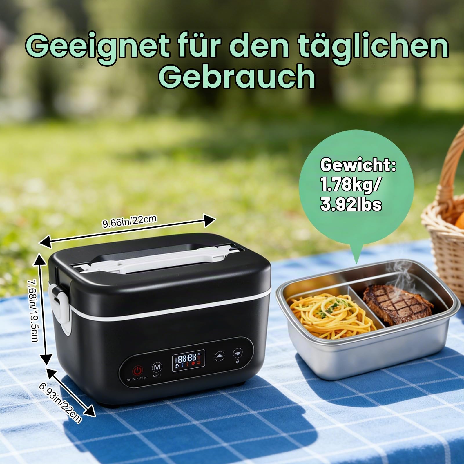 Kabellose Elektrische Lunchbox, Batteriebetriebene Beheizte Lunchbox für Erwachsene Tragbarer Speisenwärmer aus Edelstahl mit Geschirr und Isoliertasche für Auto Arbeit Reisen (1,2L)