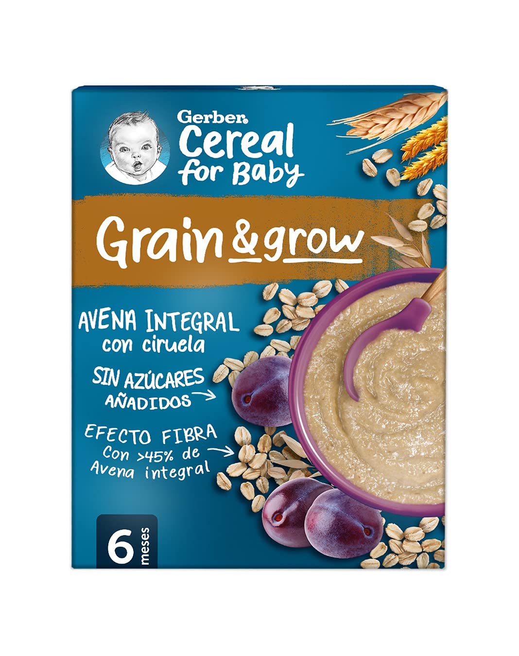GERBER Avena Integral con Ciruela, Papilla de Cereales para Bebés, Paquetes 9x250g, a partir de 6 meses