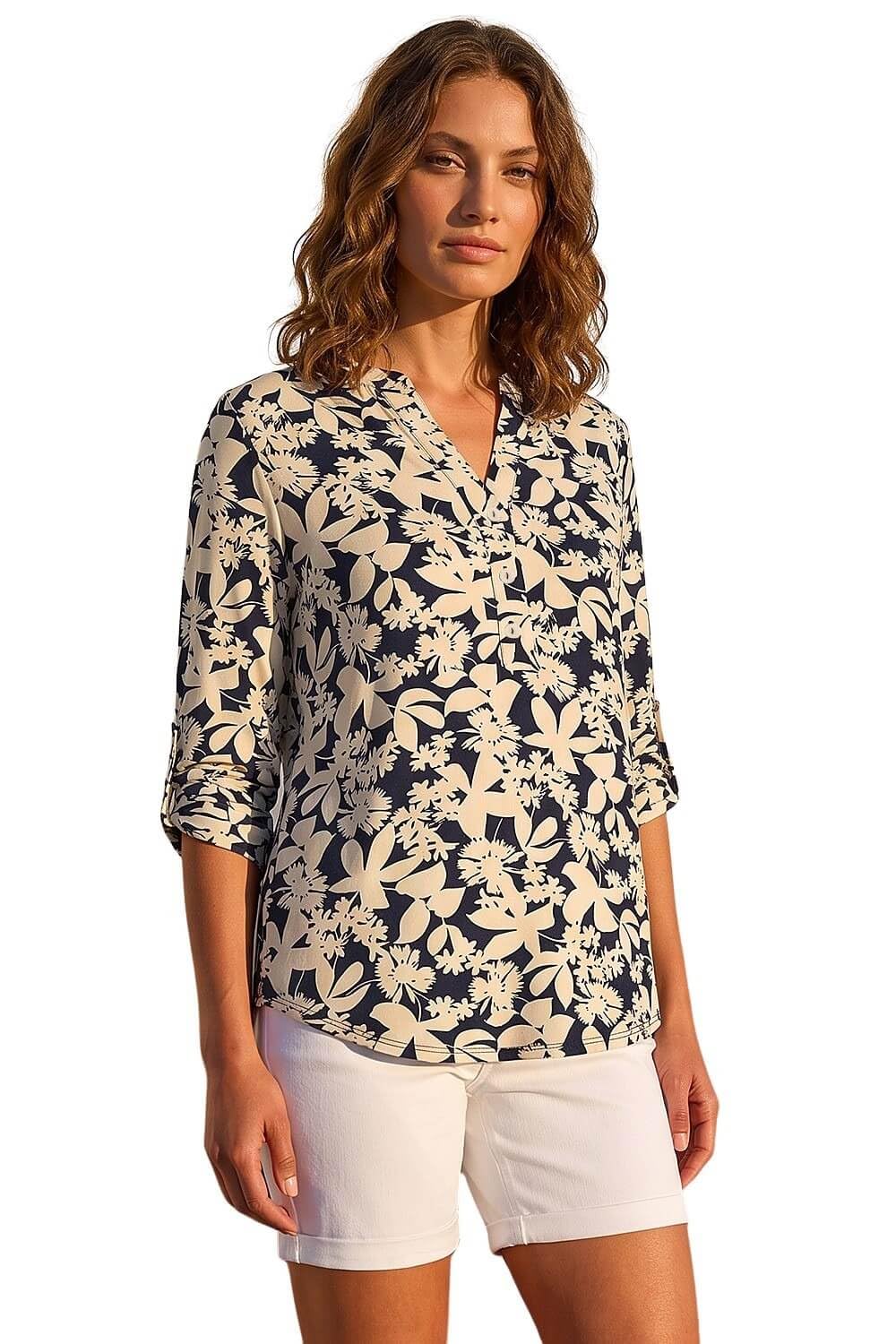 Roman Women's Navy Petite Floral Print Button Through Shirt In | Size: 14