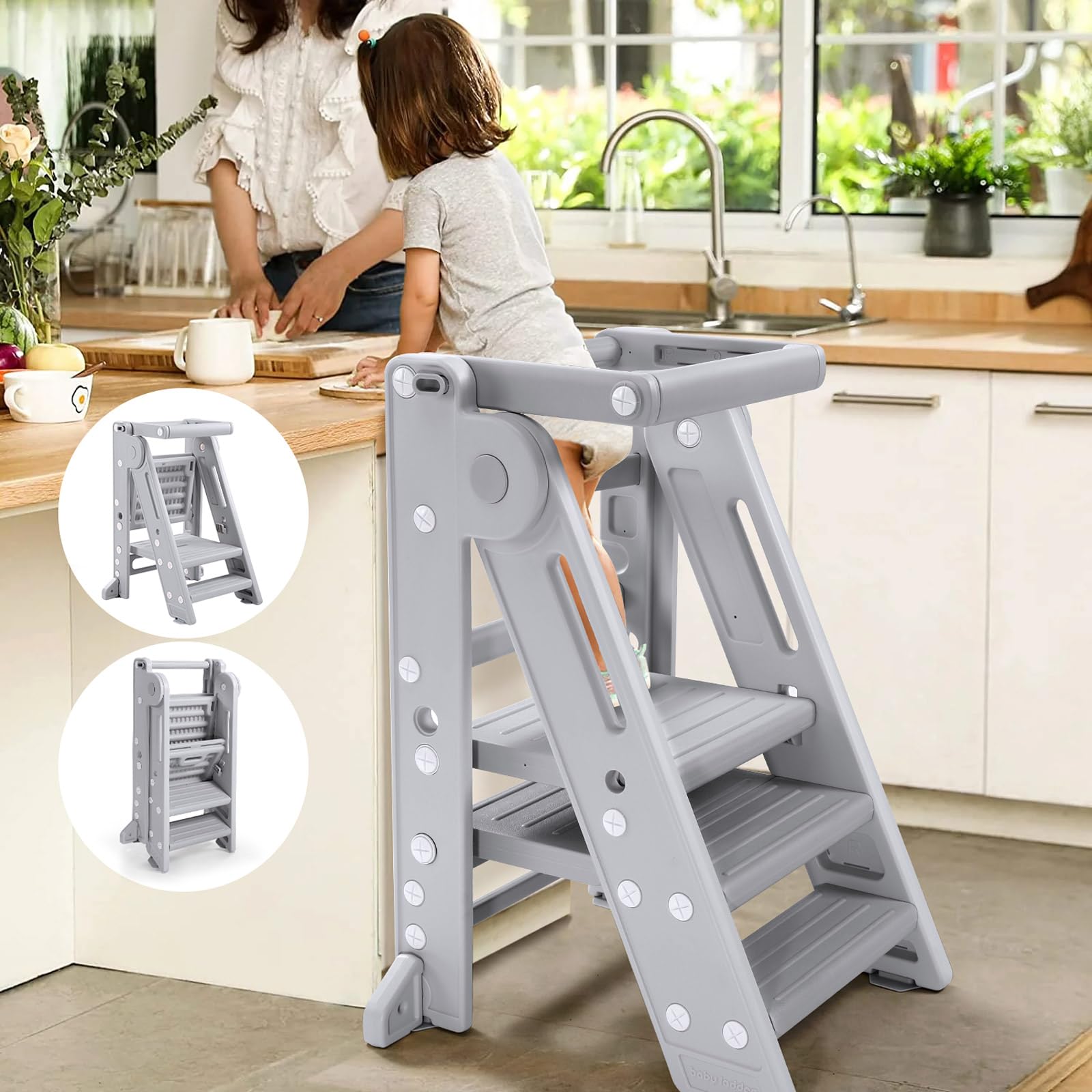 GimarsFoldable Toddler Step Stool for Learning & Cooking, Adjustable 2 Steps to 3 Steps Montessori Toddler Tower for Ages 2-6, Plastic Step Stool for Kitchen & Bathroom Sink,Easy to Clean,Grey