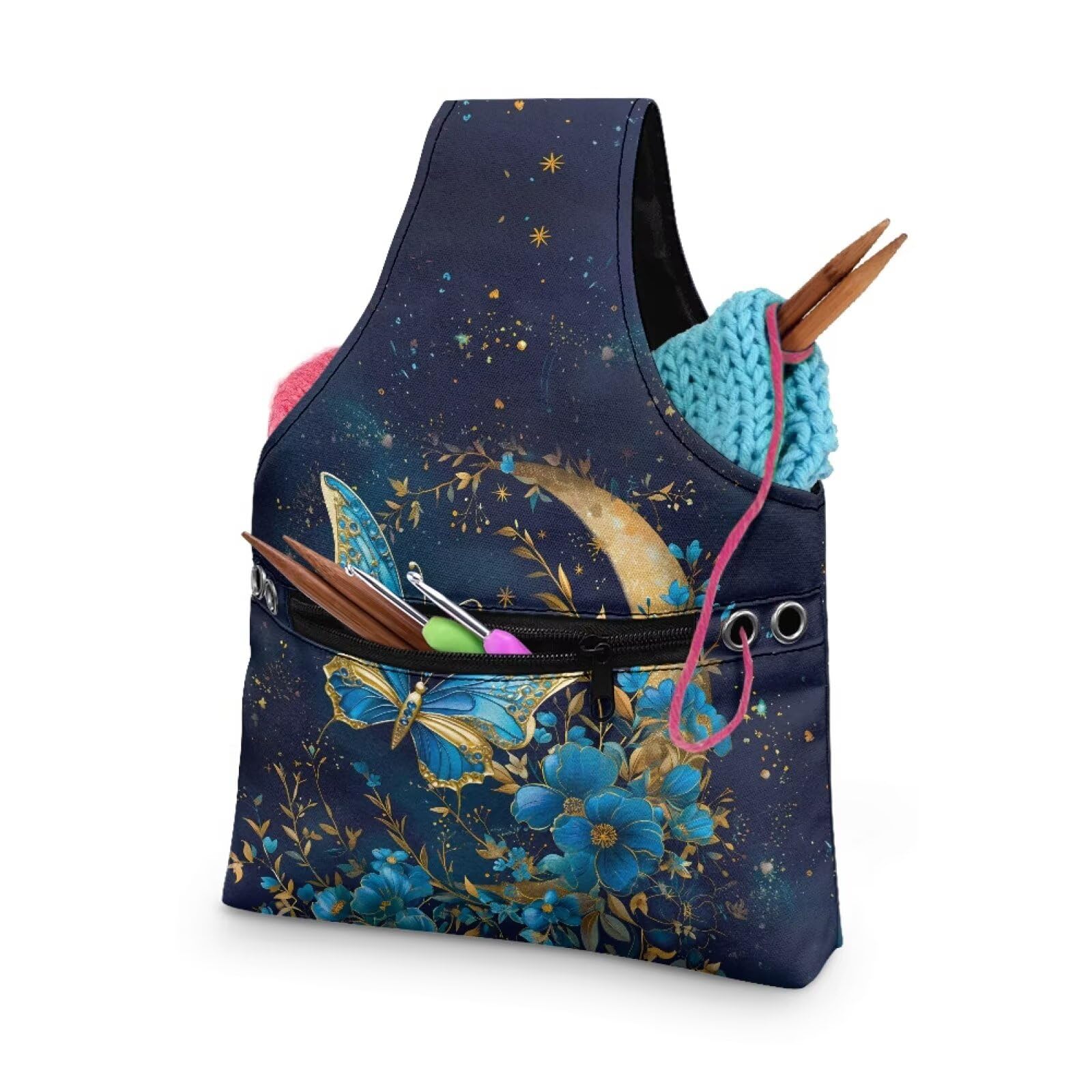 ZUXONGSYBlue Moon Yarn Bags for Knitting Butterfly Yarn Tote Bag for Women Floral Portable Knitting Project HanbBag for Crochet Hooks