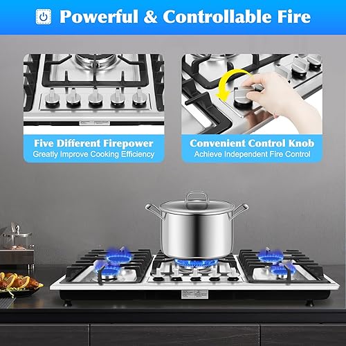 Miniatura 2 de Cocina de gas integrada de 5 quemadores, estufa de gas portátil de acero inoxidable LPGNG, doble combustible, rejilla de hierro fundido, estufa de