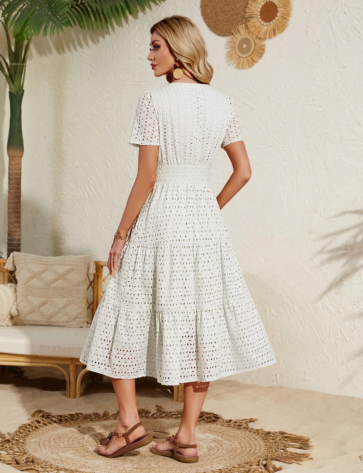 heekpek Vestido Largo Verano Mujer Algodón Cuello en V Vestido Elegante Manga Corta A-Line Cintura Alta Casual Vestidos Boho con Bolsillos