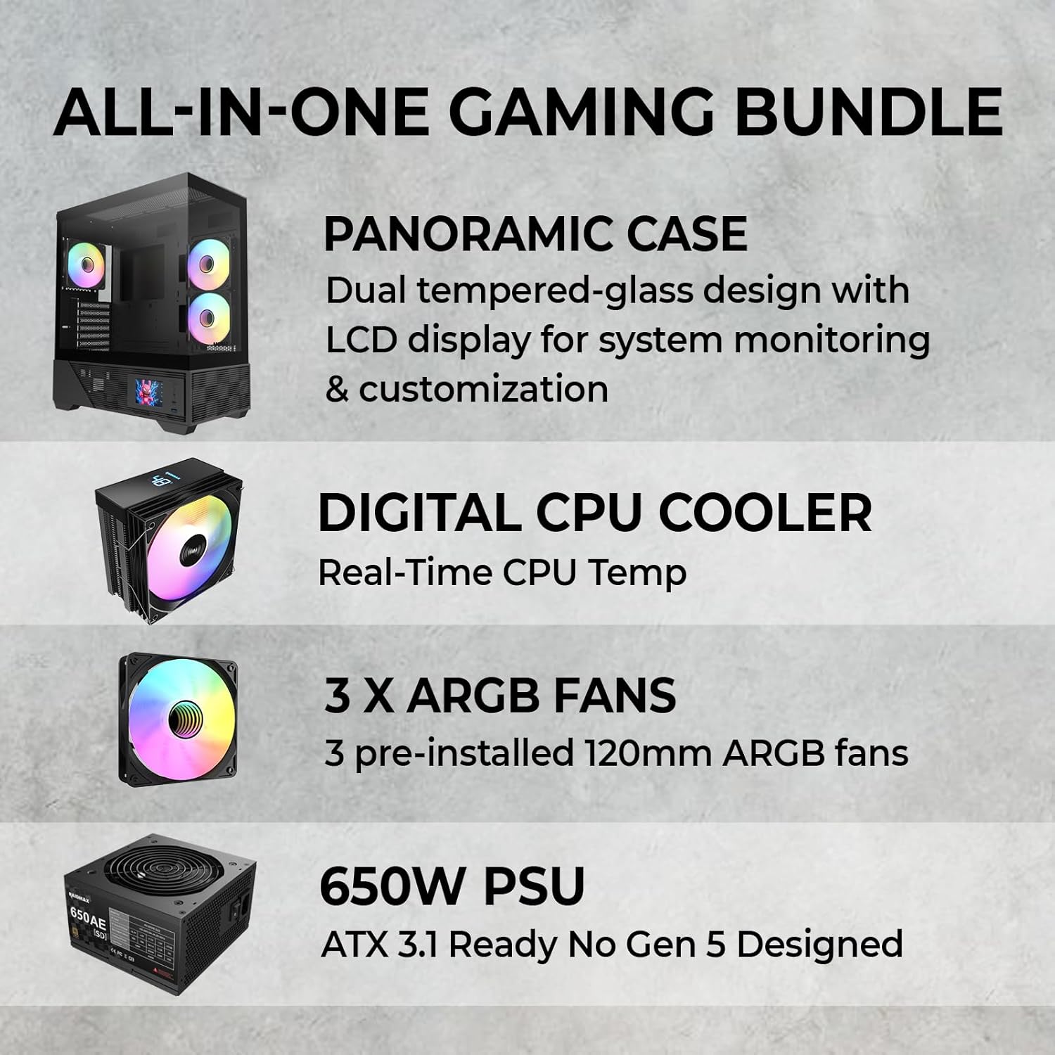 RAIDMAX i803 Panoramic LCD Gaming PC Case Series, Includes 650W 80+ Gold SI PSU & Digital Temp Display ARGB Air Cooler, High Airflow, Supports 400mm GPU & 360mm AIO (Bundle)