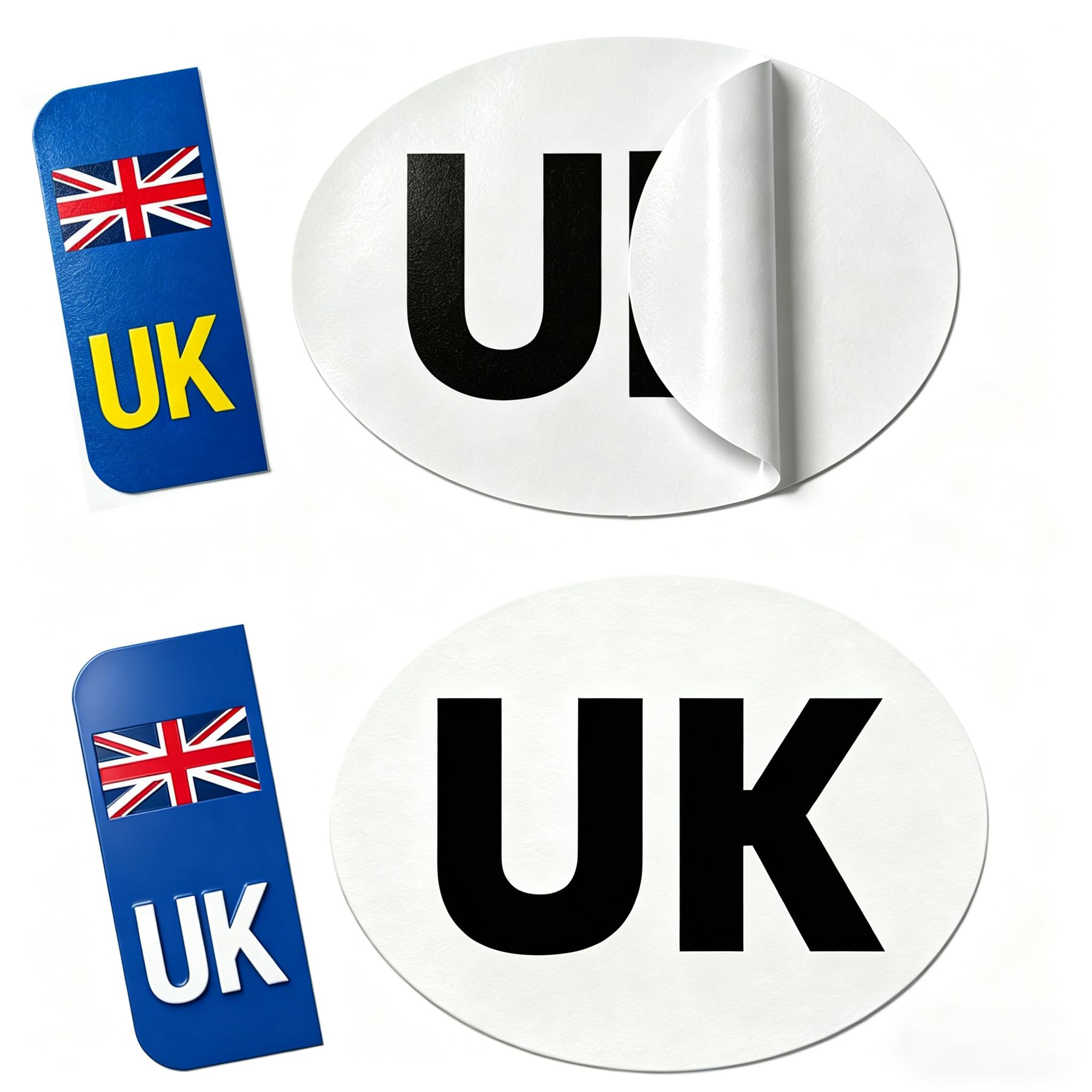 UK Stickers for Car Europe - 4 Pcs Hybrid Set with 1x Magnetic & 1x Self-Adhesive UK Oval Identifier (180x133mm), 2x Reflective Number Plate Stickers (White & Yellow) for Post-Brexit EU Travel