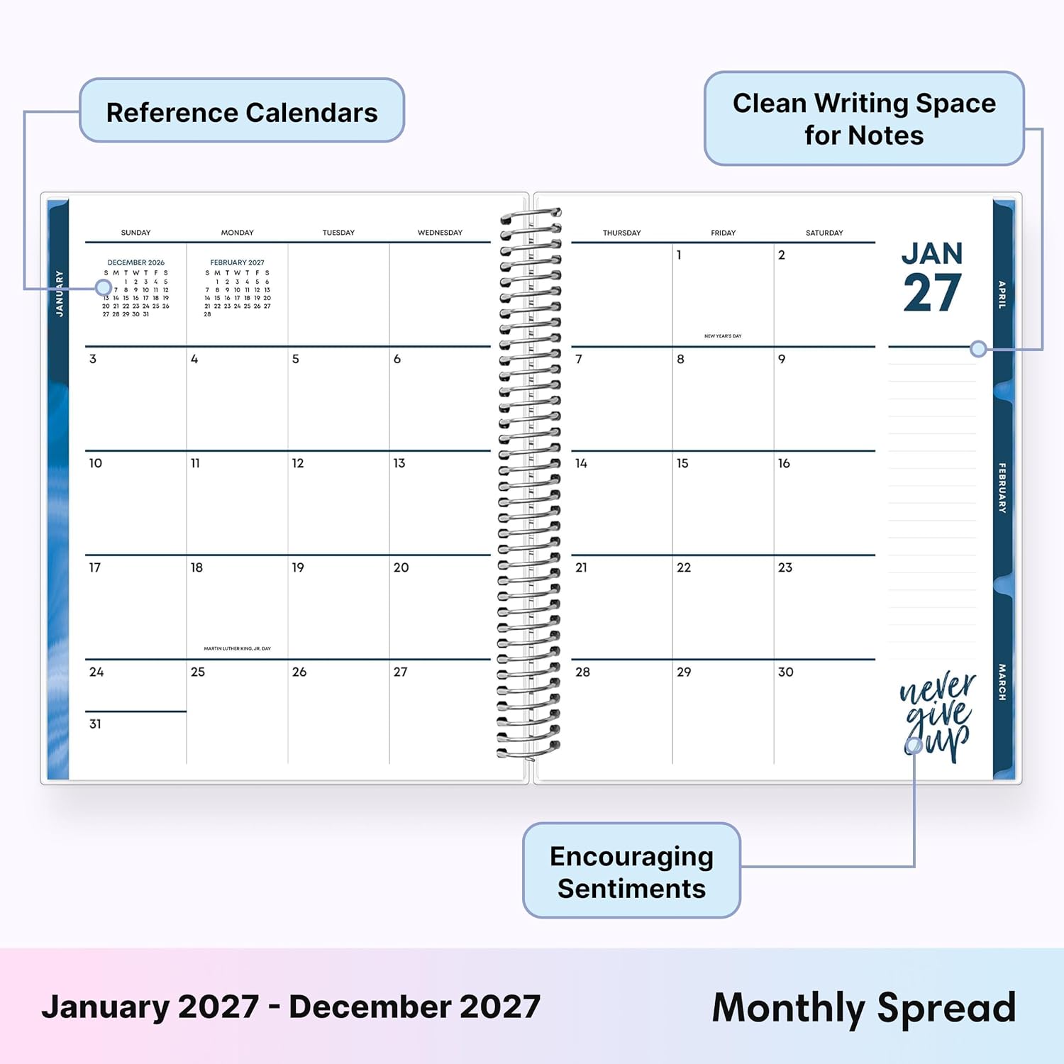 Blue Sky Livewell 2027 Weekly and Monthly Planner Calendar, January 2027 - December 2027, 7" x 9", Flexible Cover, Durable Twin Wire Binding, Colorful Pages, Storage Pocket, Includes Stickers, Navy