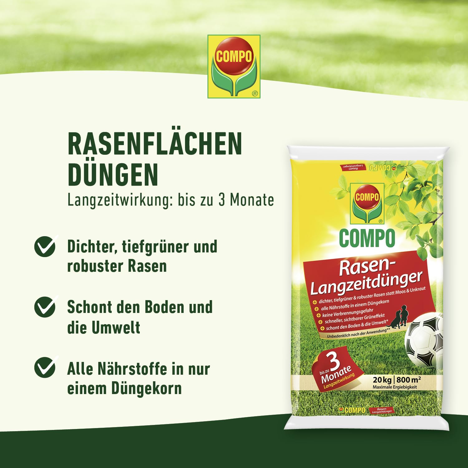 COMPO Rasendünger mit 3 Monaten Langzeitwirkung für Frühjahr und Sommer - tierfreundlich - Premium Rasen-Langzeitdünger - 20 kg für 800 m²,