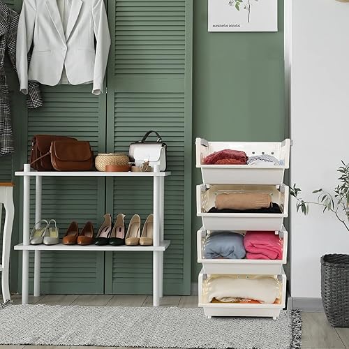 Miniatura 7 de Paquete de 4 cestas apilables grandes, de plástico, apilables, desmontables, para almacenamiento