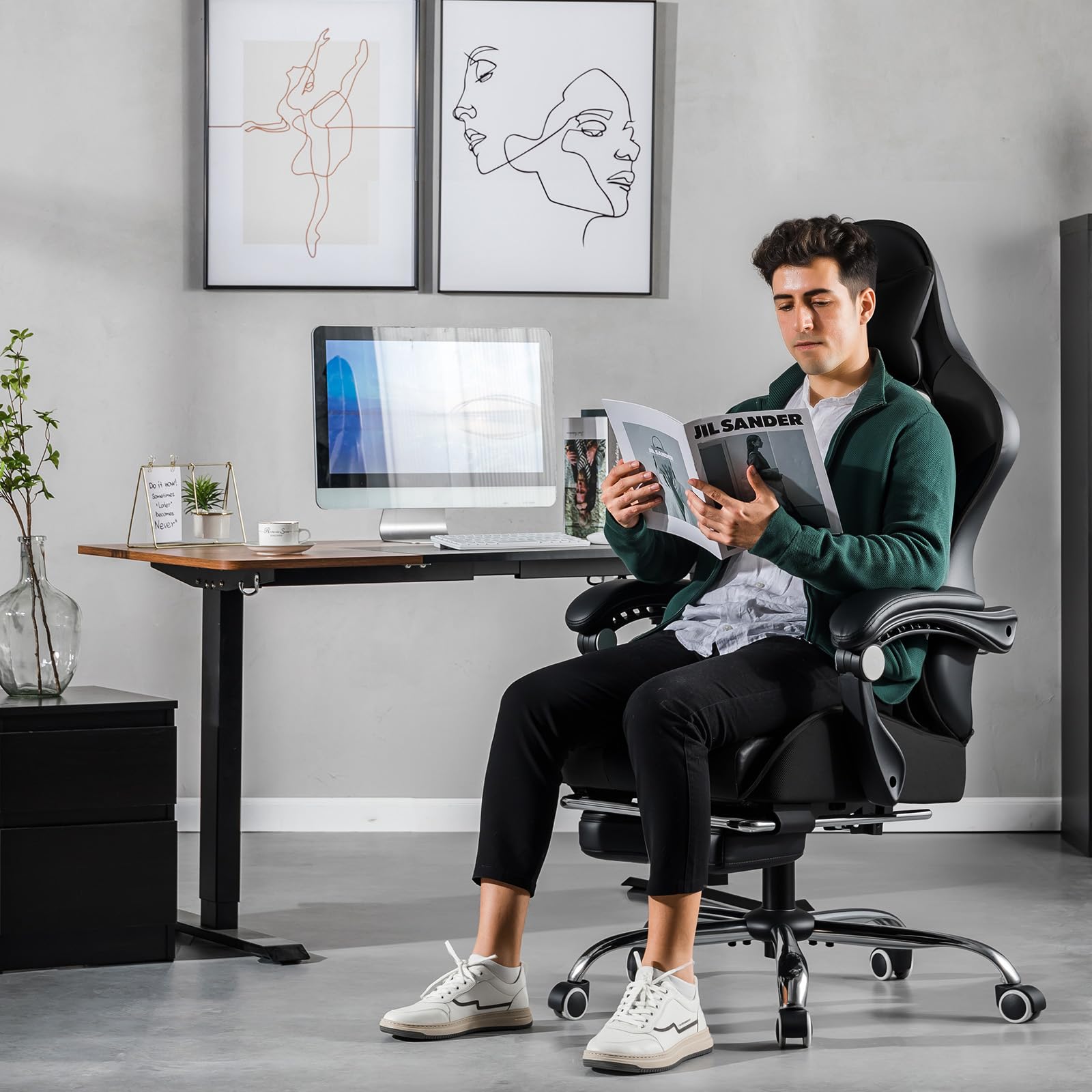 GTPLAYER Krzesło gamingowe, ergonomiczne krzesło biurowe, fotel gamingowy z podparciem okolic masażu, krzesła zadaniowe z podnóżkiem i zagłówkiem, kolor czarny, sztuczna skóra