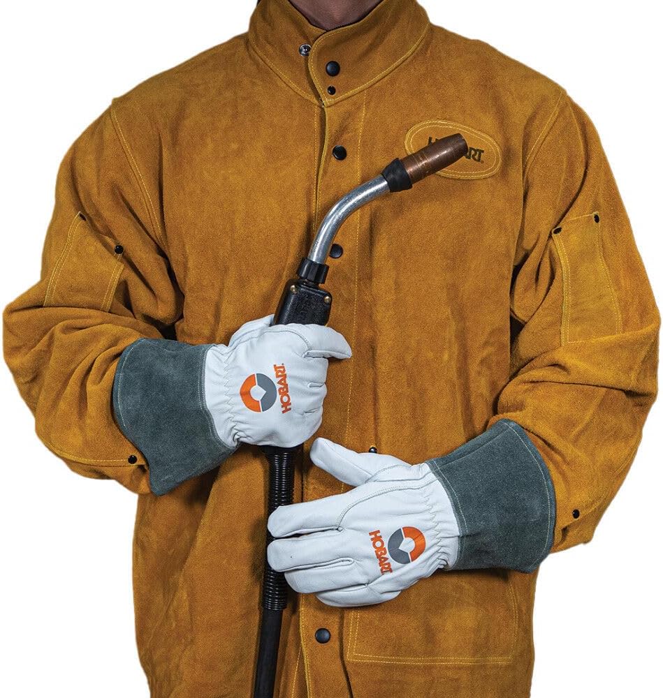 Hobart Premium MIG Welding Gloves for Men & Women - Large Size Heat Resistant Leather Welders Gloves with Kevlar Stitching - Grey Goatskin & Cow Split Leather Welding Gear