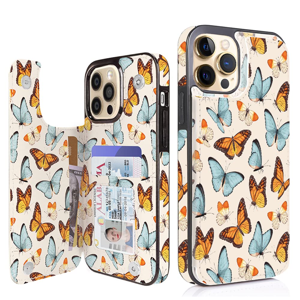 Obbii Leather Flip Case Wallet Compatible with iPhone 12 Pro/12 6.1" Card Holder Slim Sleeve Wallet with Card Slots Shockproof Protective Shell Case (Butterfly)