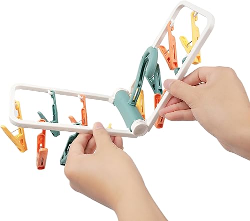 Miniatura 6 de Percheros de secado de ropa, paquete de 2 perchas pequeñas plegables portátiles de color gris con 12 clips, gancho giratorio de 360 para calcetines,