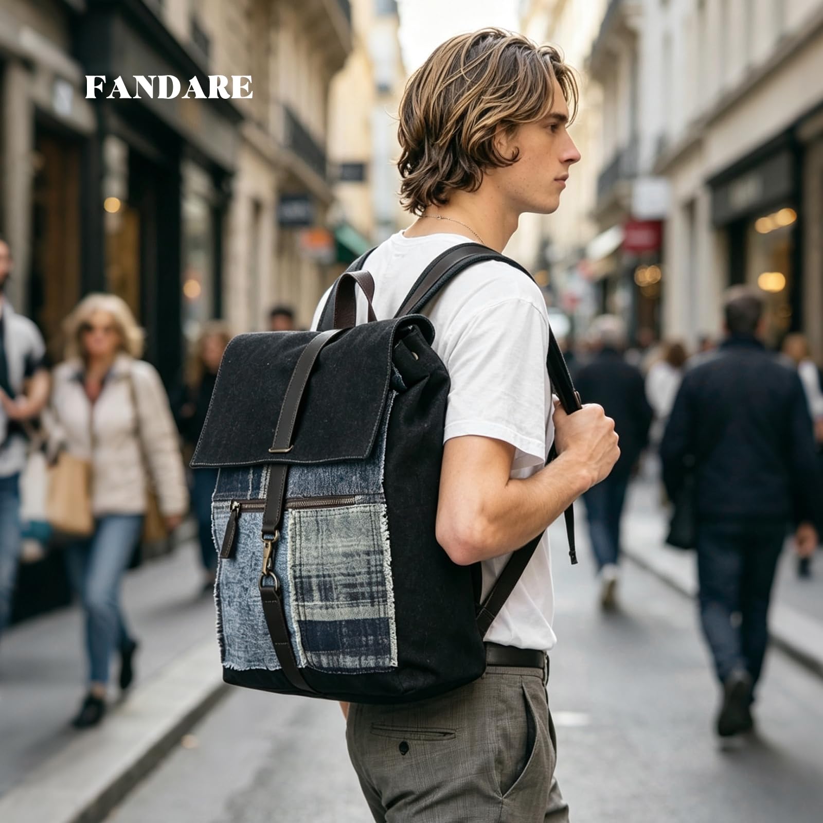 FANDARE Zaino in Tela Laptop 15,6 Pollici Vintage Jeans Cartelle Scuola