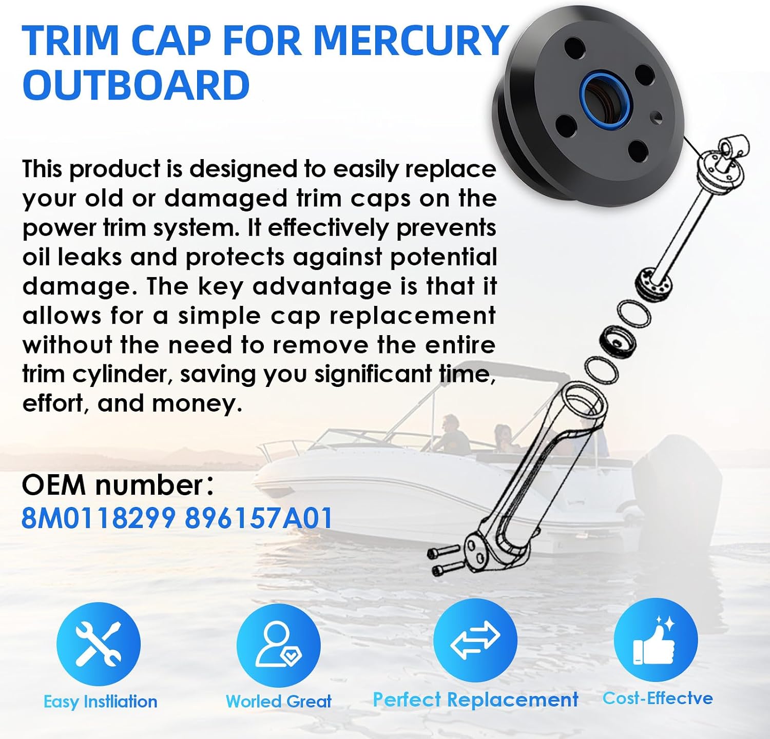 2 pack Trim Cap for Mercury Verado/Verado Pro 6Cyl. 2.6L 4.6L v8 Outboard 200HP 225HP 250HP 275HP 300HP 350HP 400HP Fits OEM: 8M0118299, 896157A01