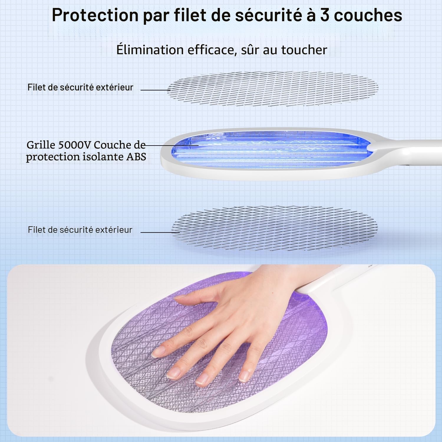 Raquette Electrique Insectes 5000V, 2000 mAh Raquette Moustique Electrique Raquette Anti Moustique Electrique UV Exterminator avec Base de Recharge, Efficace pour Intérieur Extérieur