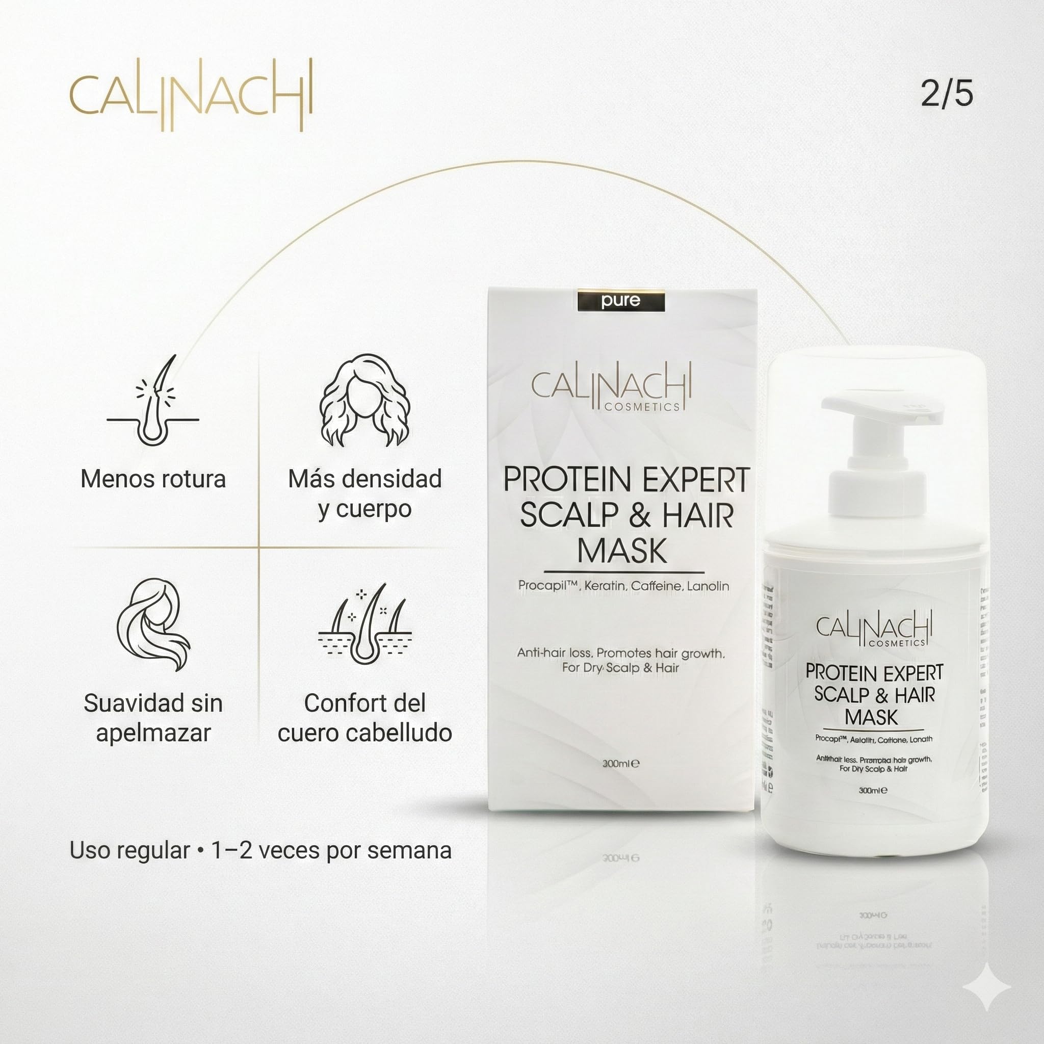 CALINACHI Mascarilla Capilar Proteica Procapil Queratina 300 ml | Mascarilla proteica con Procapil, cafeína y queratina que fortalece, reduce la rotura y aporta brillo a las puntas