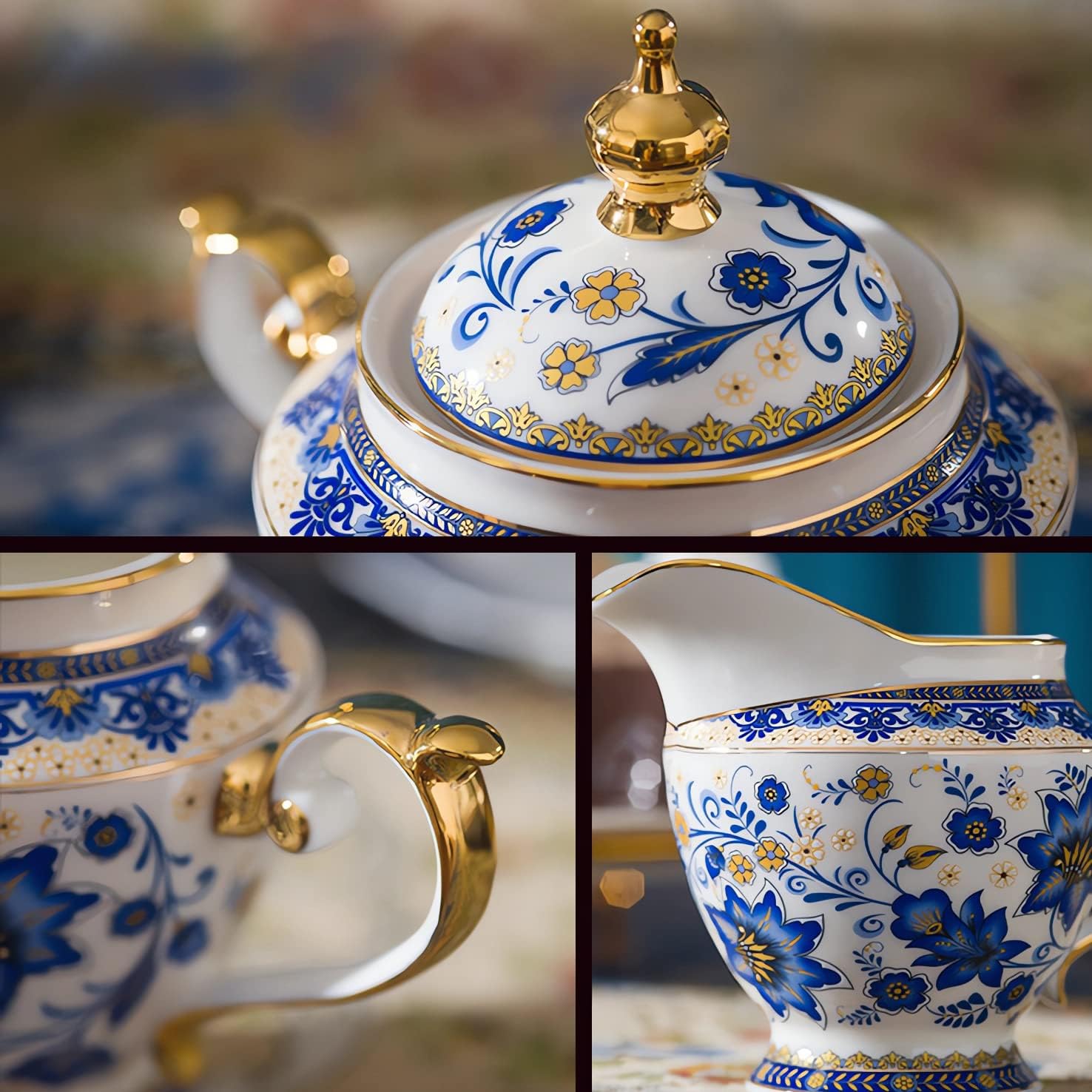 ACMLIFE Sugar and Creamer Set for Coffee Bar, 10.6 oz Bone China Cream and Sugar Set, Vintage Sugar Bowl with Lid, Floral Creamer Pitcher with Pour Spout and Handle, Blue and White