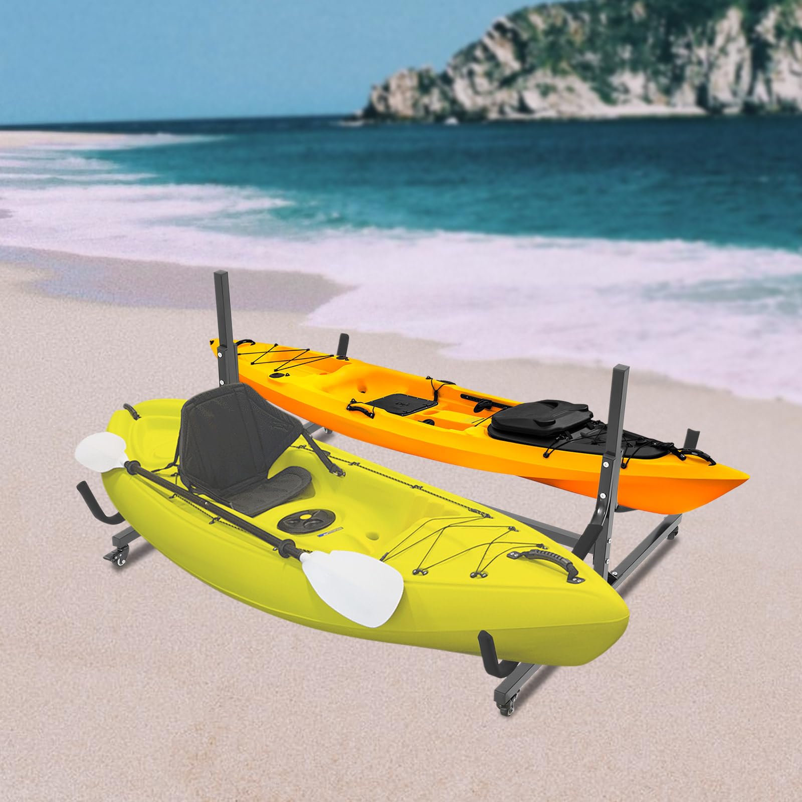 Fifizoo Kayak Storage Rack, Freestanding Kayak Storage Stand with Wheels, 50.78-74.41in Adjustable Length, Heavy Duty Kayak Racks for Kayak, Canoe, Surfboard & Paddleboard, 1-Tier for 2 Kayaks