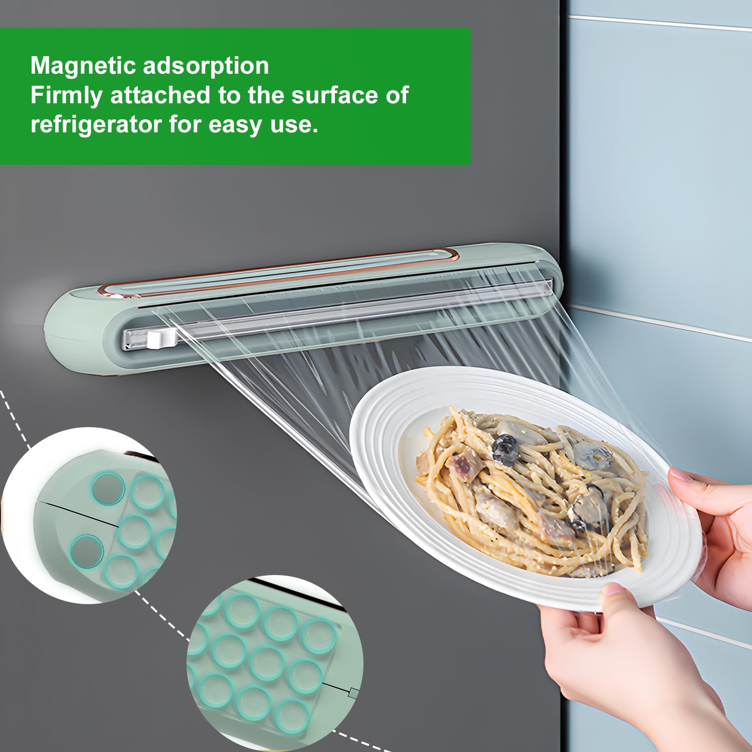 Fresh Halte Folie und Spender, Frischhaltefolienspender Magnetisch, Folienschnrider für Alu- und Frischhaltefolie, Magnetischer Folienspender mit Schiebe Cutter (Grün)