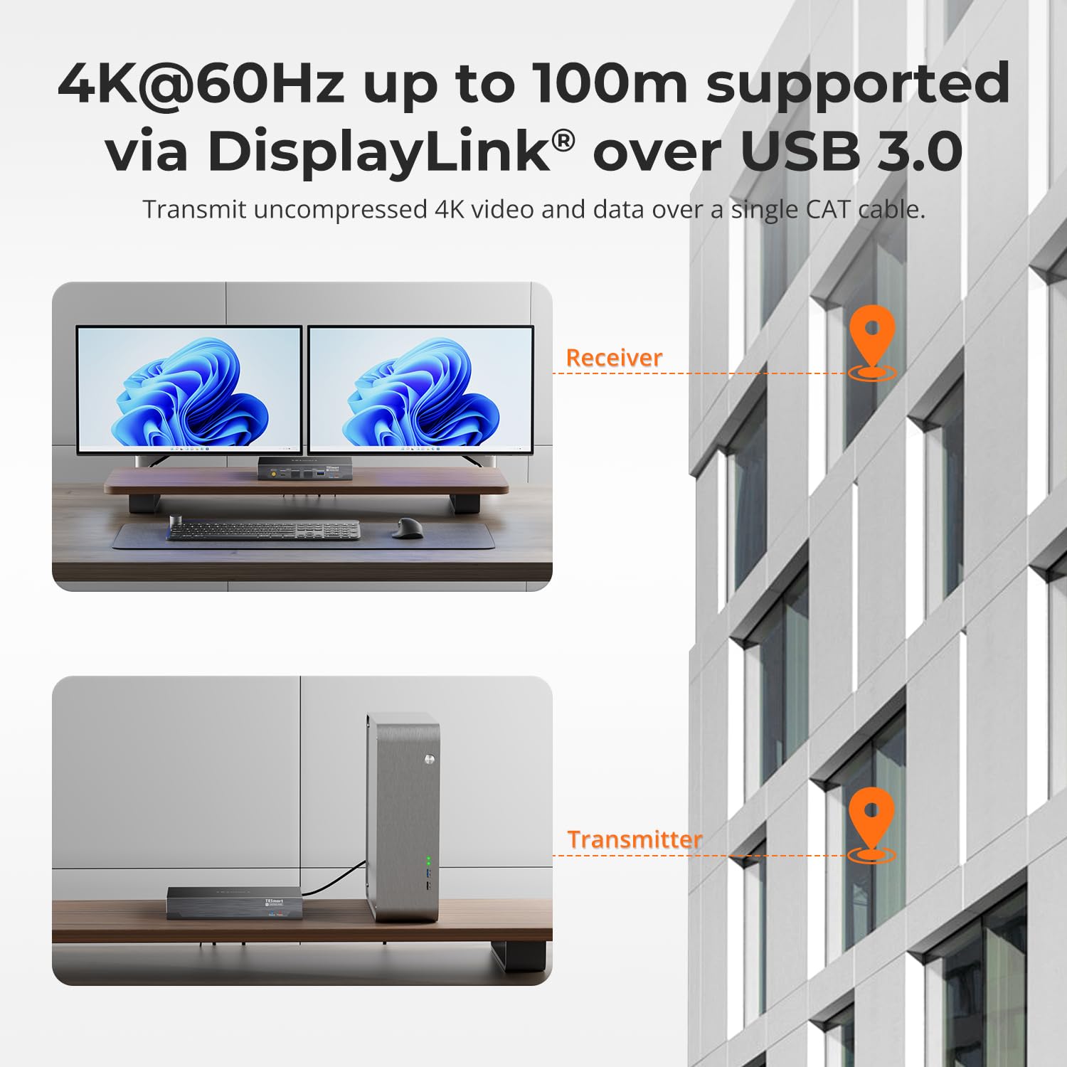 TESmart Extendeur KVM HDMI 4K@60Hz double écran sur câble CAT6/7 de 100 m – Compatible avec le contrôle clavier et souris, USB 3.0, EDID, transmission RGB sans perte et audio bidirectionnelle, IR